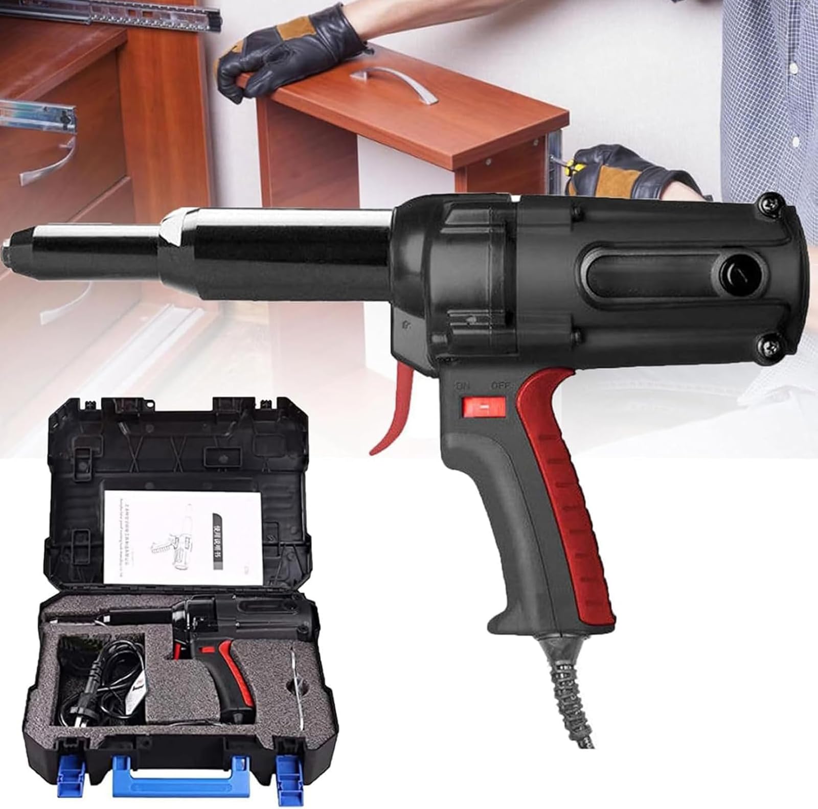 Elektryczny pistolet do nitowania, ręczna przenośna automatyczna nitownica do aluminium, żelaza, miedzi, stali nierdzewnej - zestaw adapterów do wiertła do nitów 4,0 mm - 6,4 mm