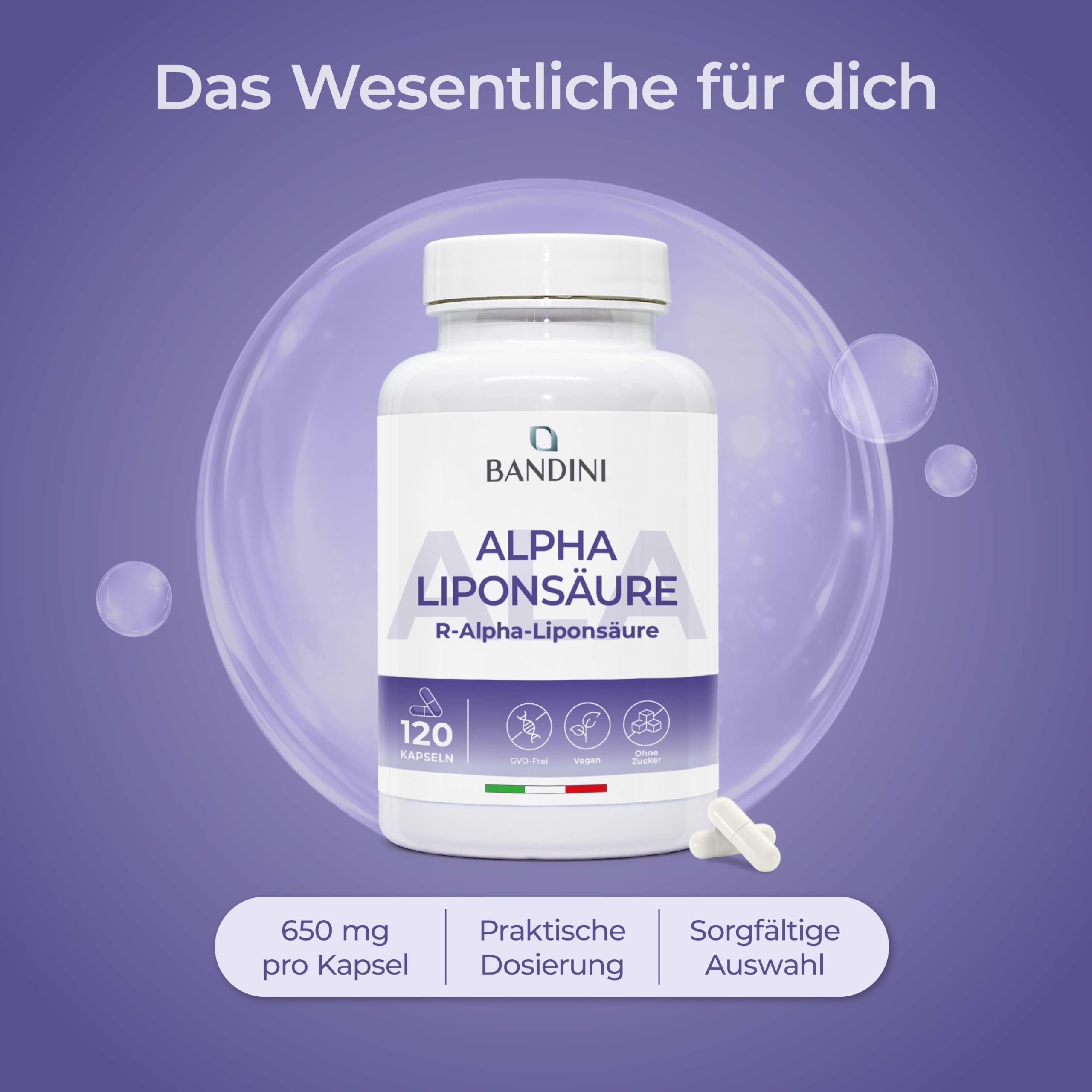 Bandini® Alpha-Liponsäure (Alpha Lipoic Acid) 650 mg Depot | 120 hochdosierte vegane Kapseln | Natürliches Antioxidans | Hohe Bioverfügbarkeit | Hilft bei Entzündungen | 4 Monats-Vorrat | Laborgeprüft
