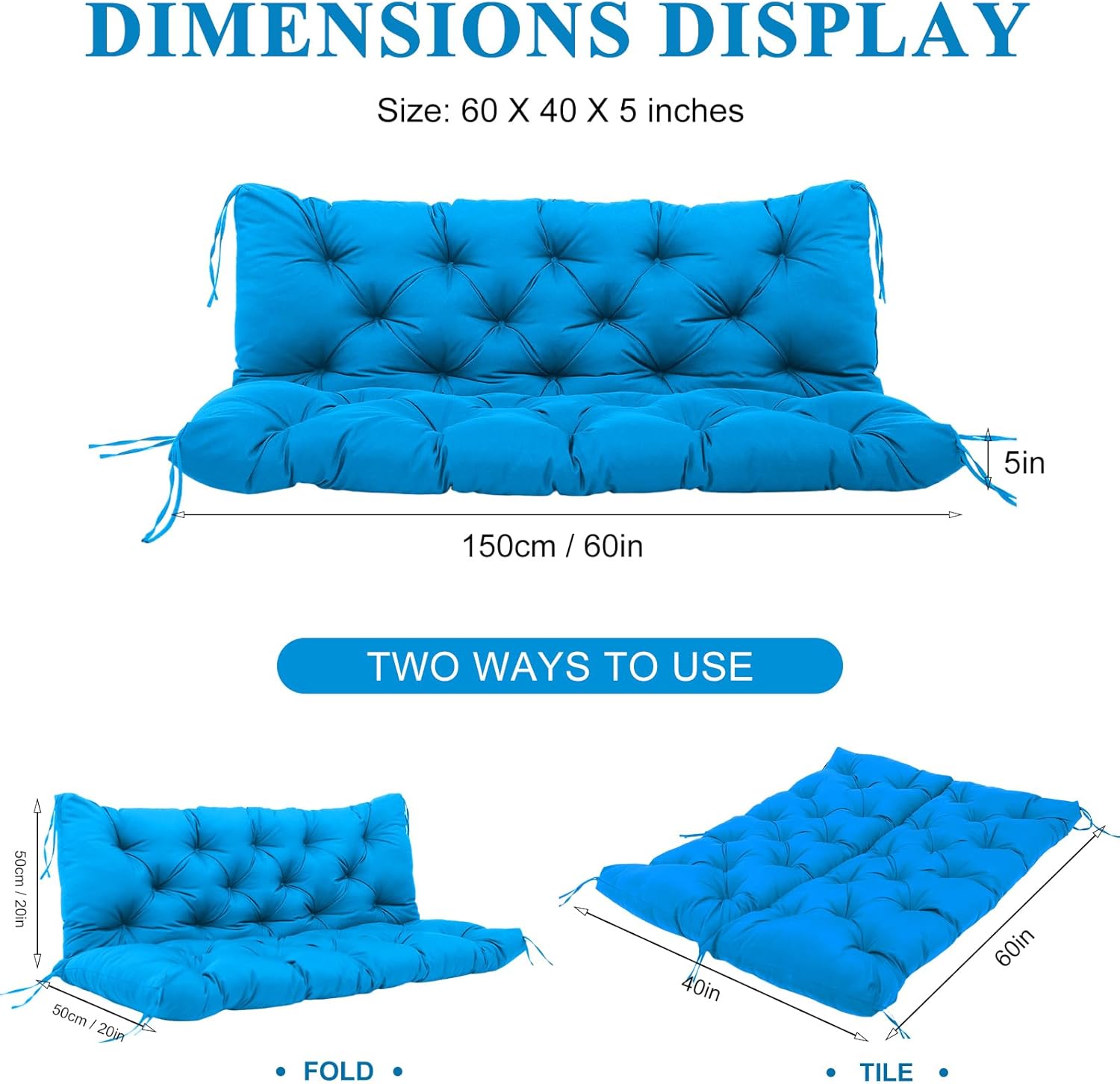 Porch Swing Cushions 60 inch with Ties 2-3 Seater Waterproof Swing Replacement Cushion Thicken 5" Outdoor Swing Cushions for Garden Bench Patio Backyard (Peacock Blue)