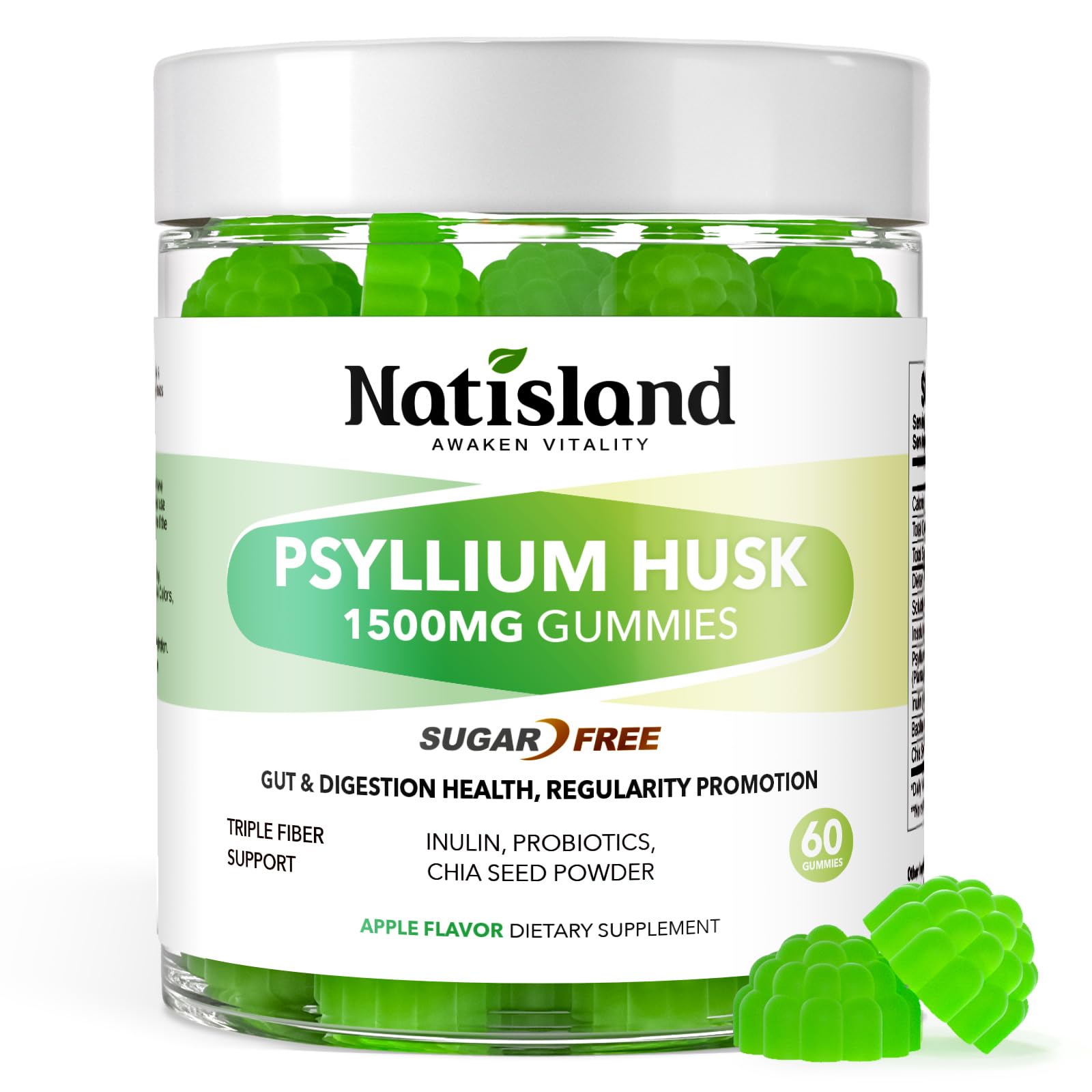 Psyllium Husk Gummies, 1500mg Psyllium Husk Fiber Supplement with Probiotics, Inulin, Chia Seed Powder for Gut & Digestive Health, Regularity, Vegan, Sugar Free, 60 Chewable 60 Count (Pack of 1)