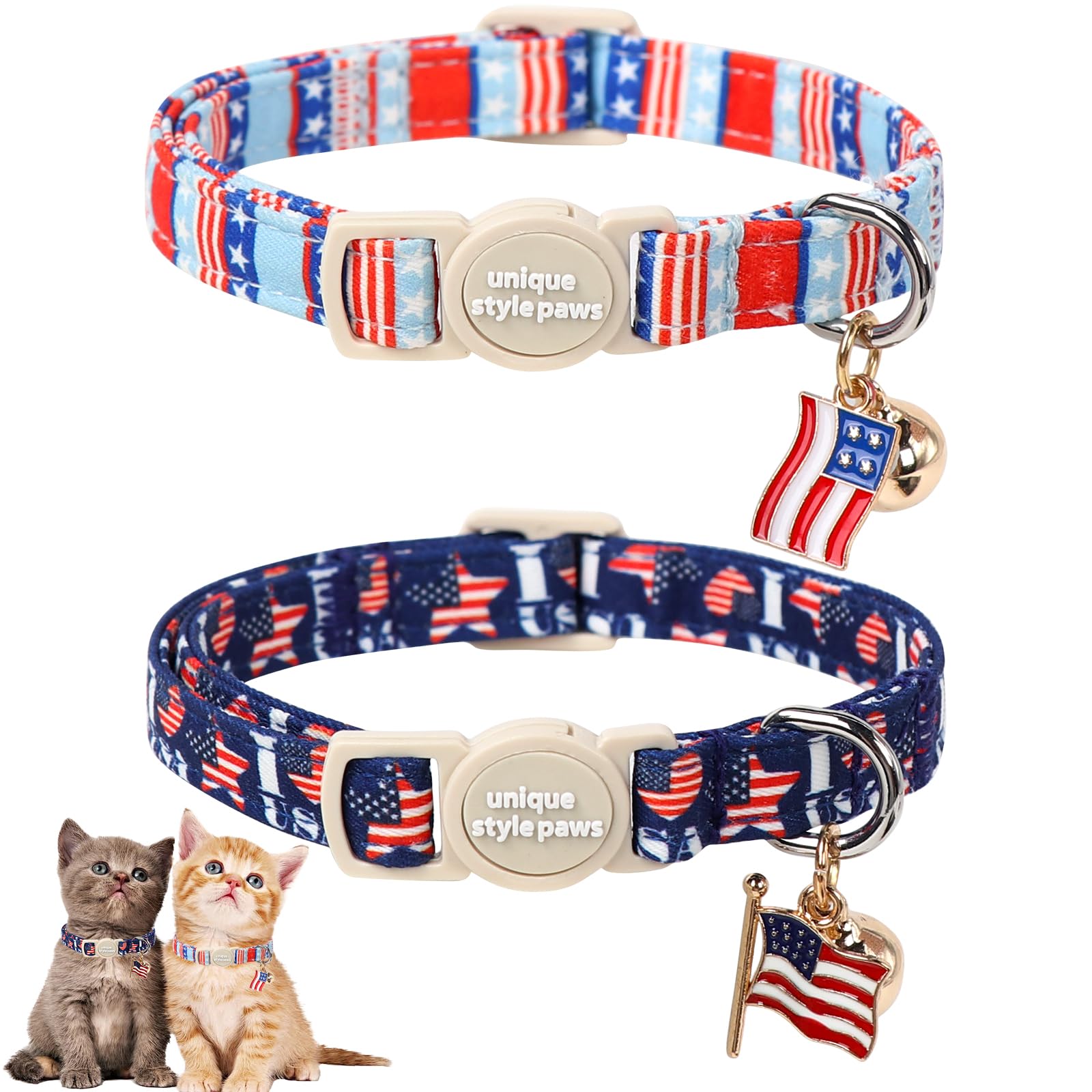 Unique Style Paws 4th of July Cat Collar,Cute Cat Collars with Love USA Pattern,Patriotic Kitten Collar with Breakaway Buckle,Ideal Gift for Boy Girl