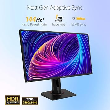 ASUS TUF 27 IPS Gaming Monitor, 2K (2560 x 1440), LED Display, 165Hz, 1ms, G-SYNC, HDR 10, 100% sRGB, Anti-Glare M, VESA Mountable, Ajustable Stand, DisplayPort x1, HDMI x2