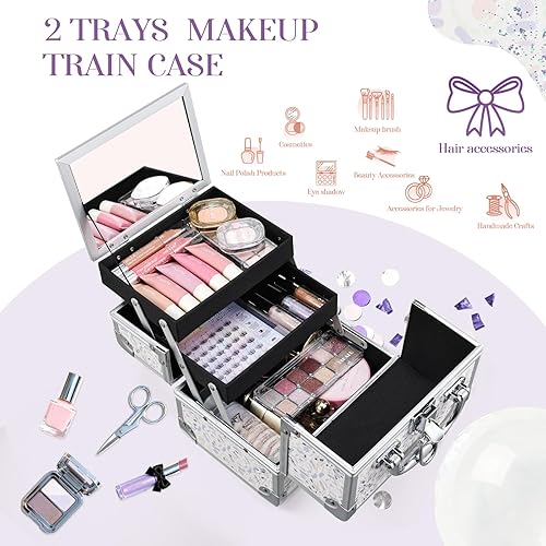 Miniatura 10 de Joligrace Estuche de maquillaje para niñas, estuche de tren de cosméticos, caja de almacenamiento de maquillaje, organizador de joyas, accesorios