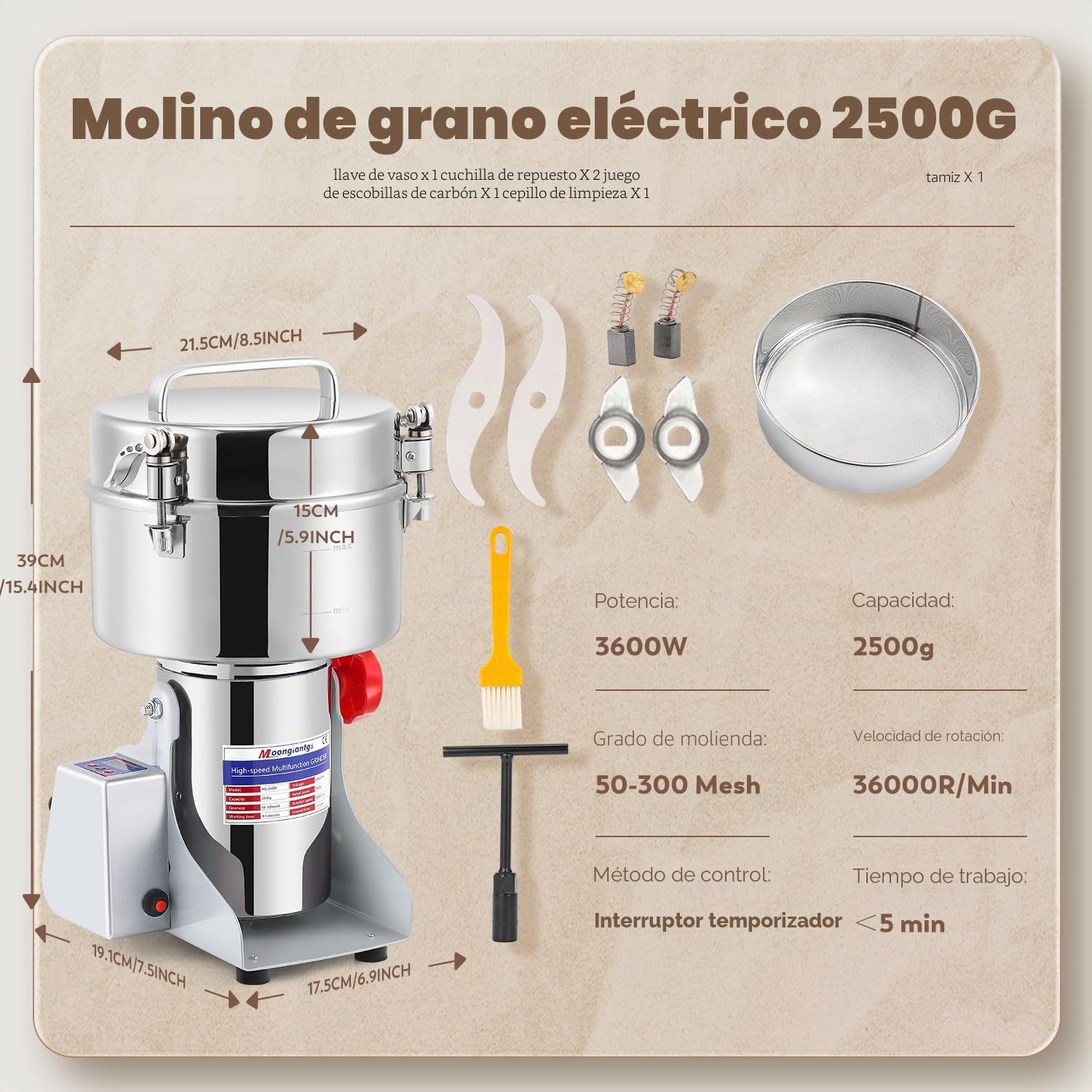Moongiantgo 2500g Molino de Cereales Eléctrico con pantalla LED, Acero inoxidable & Motor Comercial 3600W 36000RPM, Molienda Ultrafina de Alta Velocidad 30S, para Cereales / Hierbas / Especias / Nuez