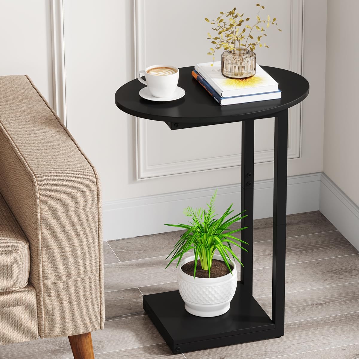 Hosfais Small Side Table End Table C-Shaped Wood Coffee Table TV Tray for Eating Couch Tables for Small