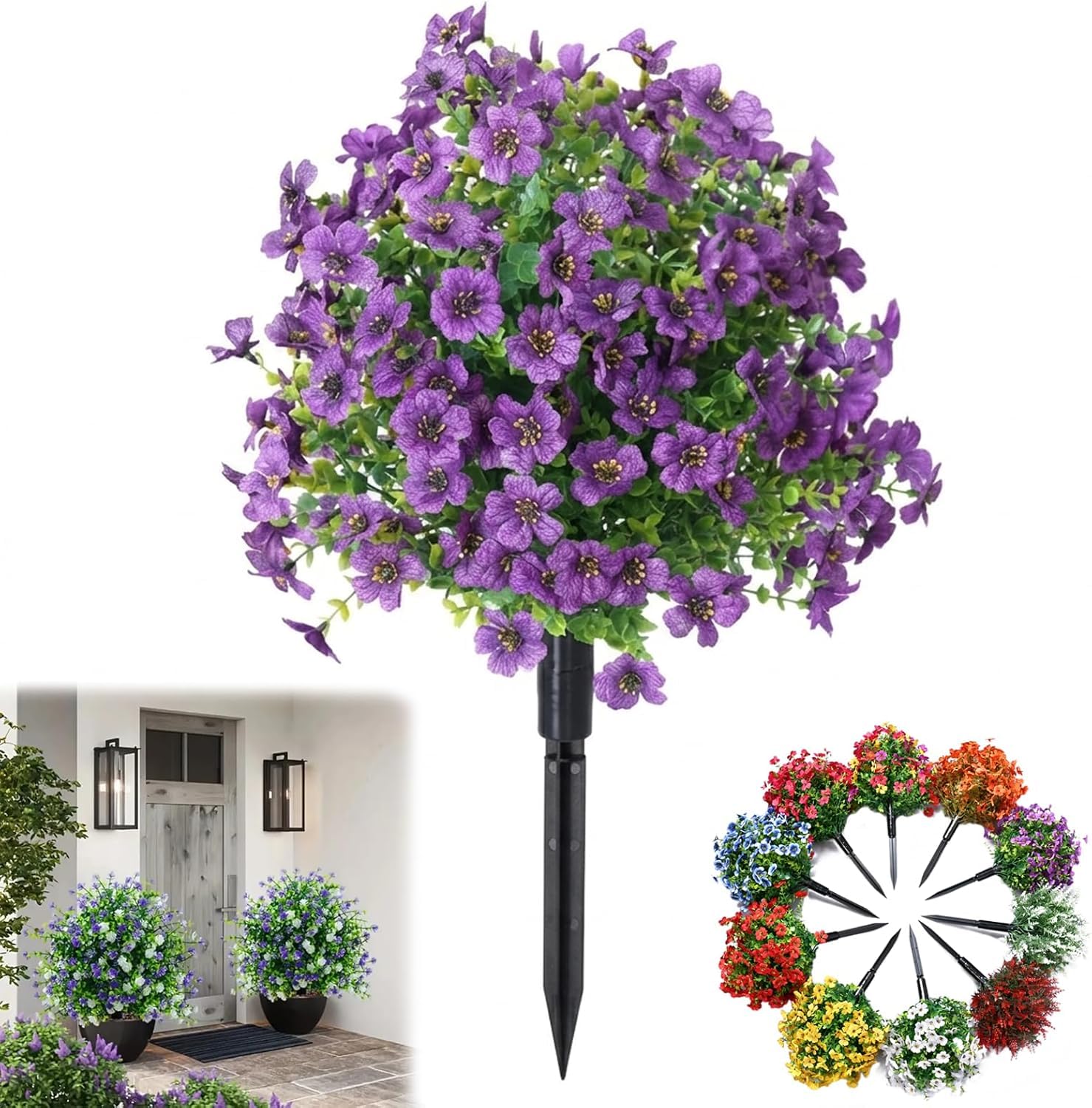 Artificial potted trees with ground stakes, Artificial Camellia Topiary Potted Trees, UV Resistant Faux Outdoor Shrubs Plants for Front Porch, Patio and Garden Decor (A)