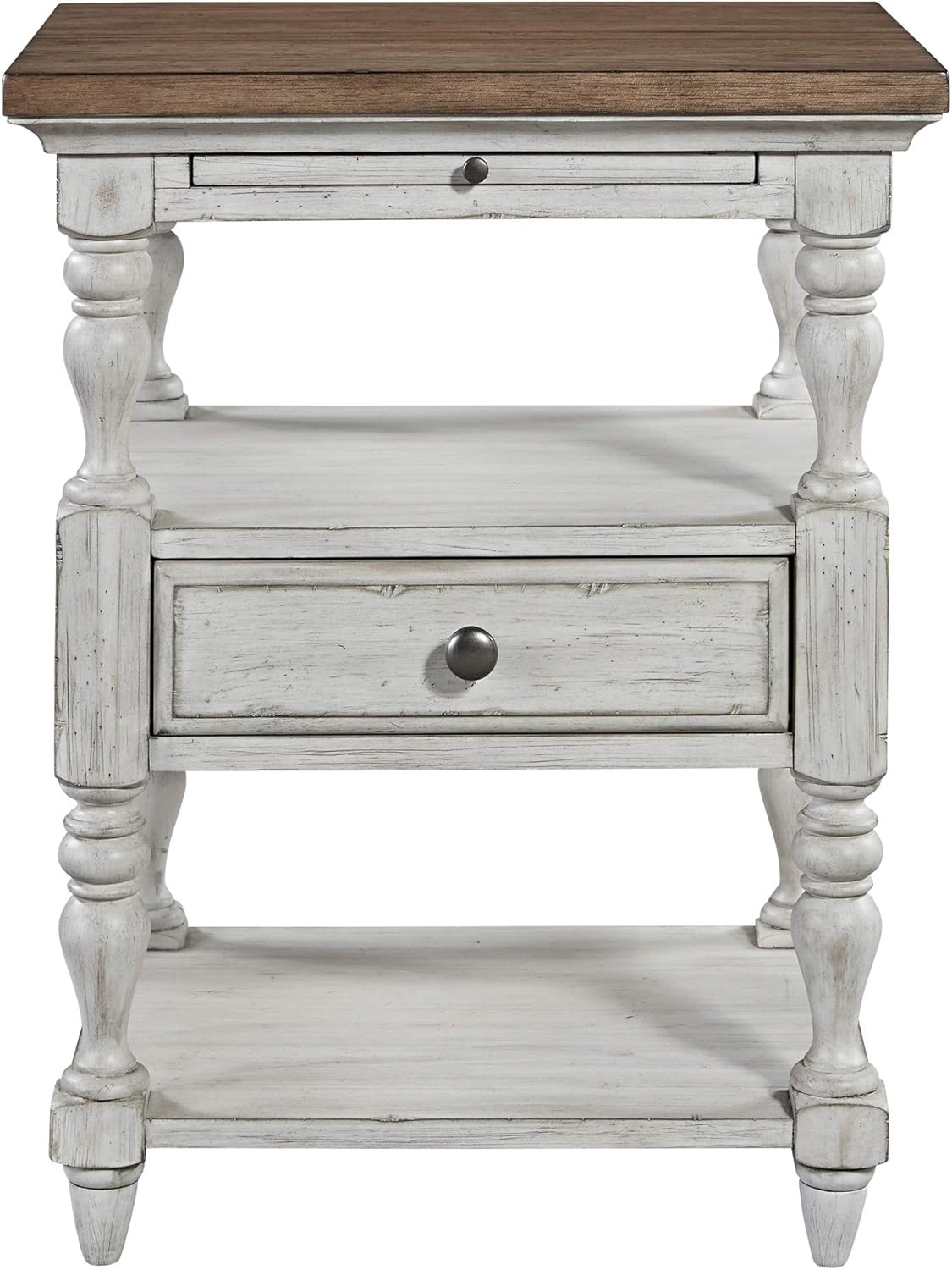 UKN Farmhouse Reimagined Antique White Chestnut 1-Drawer Nightstand Brown Shabby Chic Pine Veneer Hidden Storage Includes Hardware