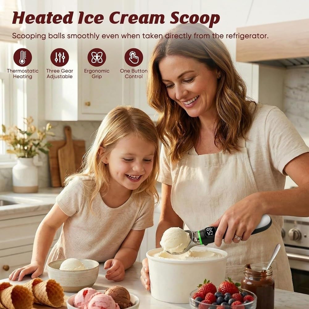 Cuillère à Glace Chauffante, Cuillère à Glace Électrique Rechargeable avec Affichage LED, 3 Niveaux de Chaleur 122°F/140°F/158°F