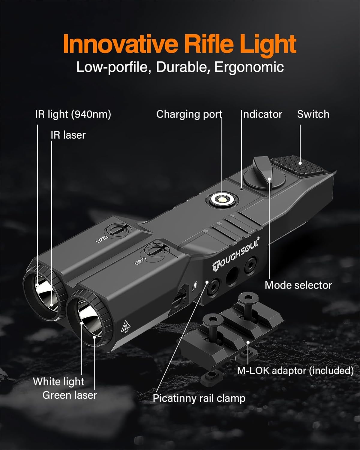 TOUGHSOUL Mlok Picatinny Mounted Tactical Flashlight Green Laser 940nm IR Illuminator Flashlight IR Laser 4 in 1 Combo, Low Profile Rechargeable Light for Rifle