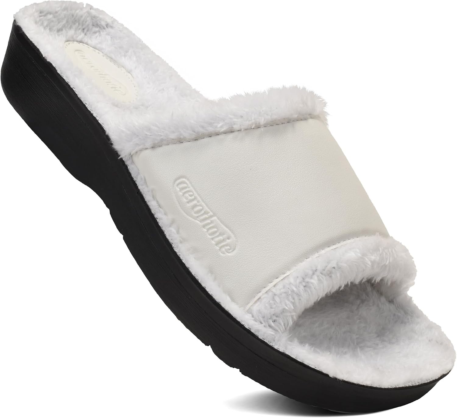 AEROTHOTIC House Slippers for Women Indoor Outdoor Slip on Recovery Plantar Fasciitis Relief Faux Fur Lining Footbed with Breathable Stylish Strap Walking Travel Fuzzy Slides