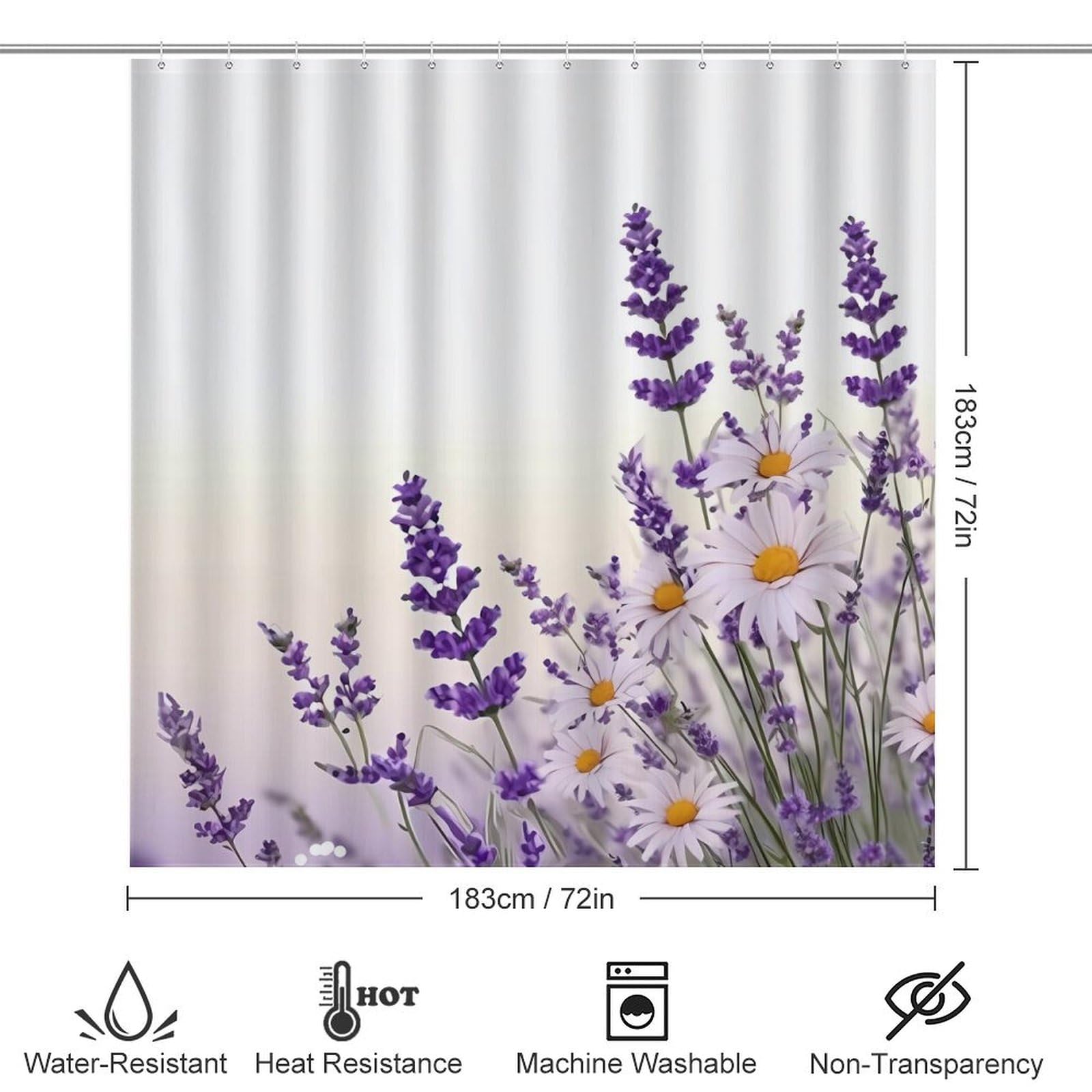 Lavender Flower Print Four Piece Bathroom Set 183 * 183cm Shower Curtain, Non-Slip Floor Mats, U-Shaped Mat, and Toilet Lid Cover