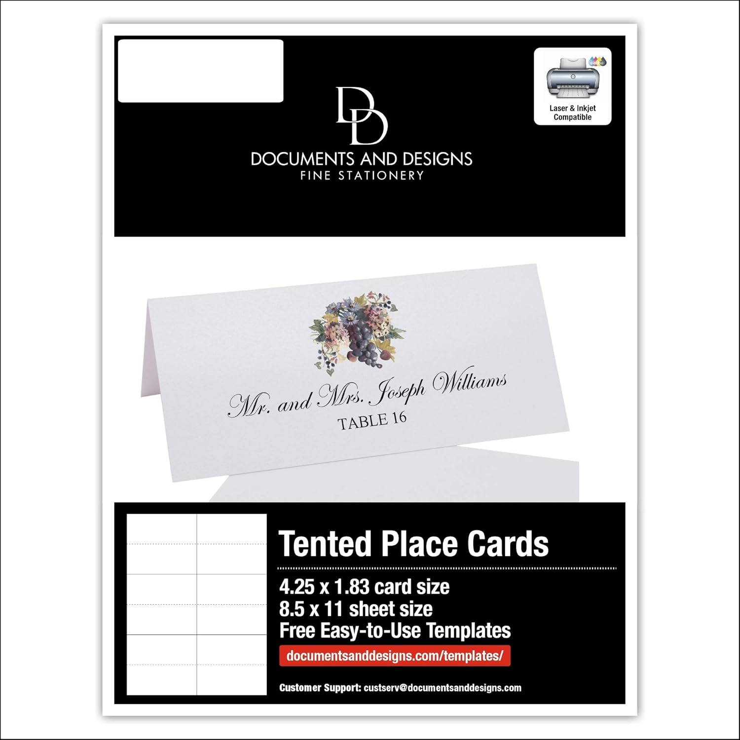 Wine Grapes and Chicory Printable Place Cards, Set of 150 (25 Sheets), Laser & Inkjet Printers - Wedding, Party, Dinner, and Special Events - Made in the USA