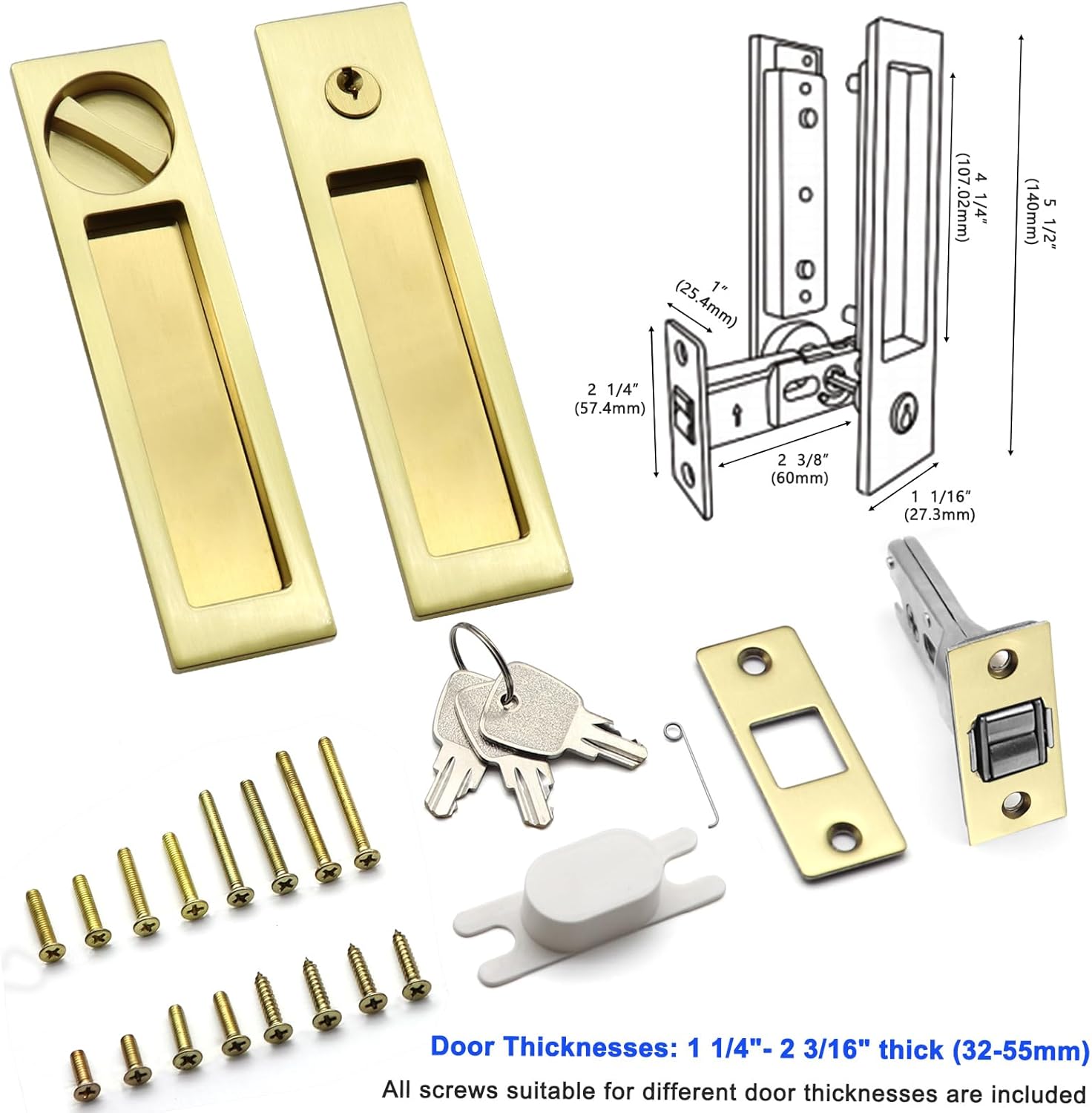 Dontay Pocket Door Handle, Modern Rectangular Keyed Entry Function, (Bed/Bath) Pull Latch, Recessed Sliding Door Hardware for 1 3/8” to 2 3/16” Thickness (Keyed Entry Lock, Satin Brass, 2 Pack)