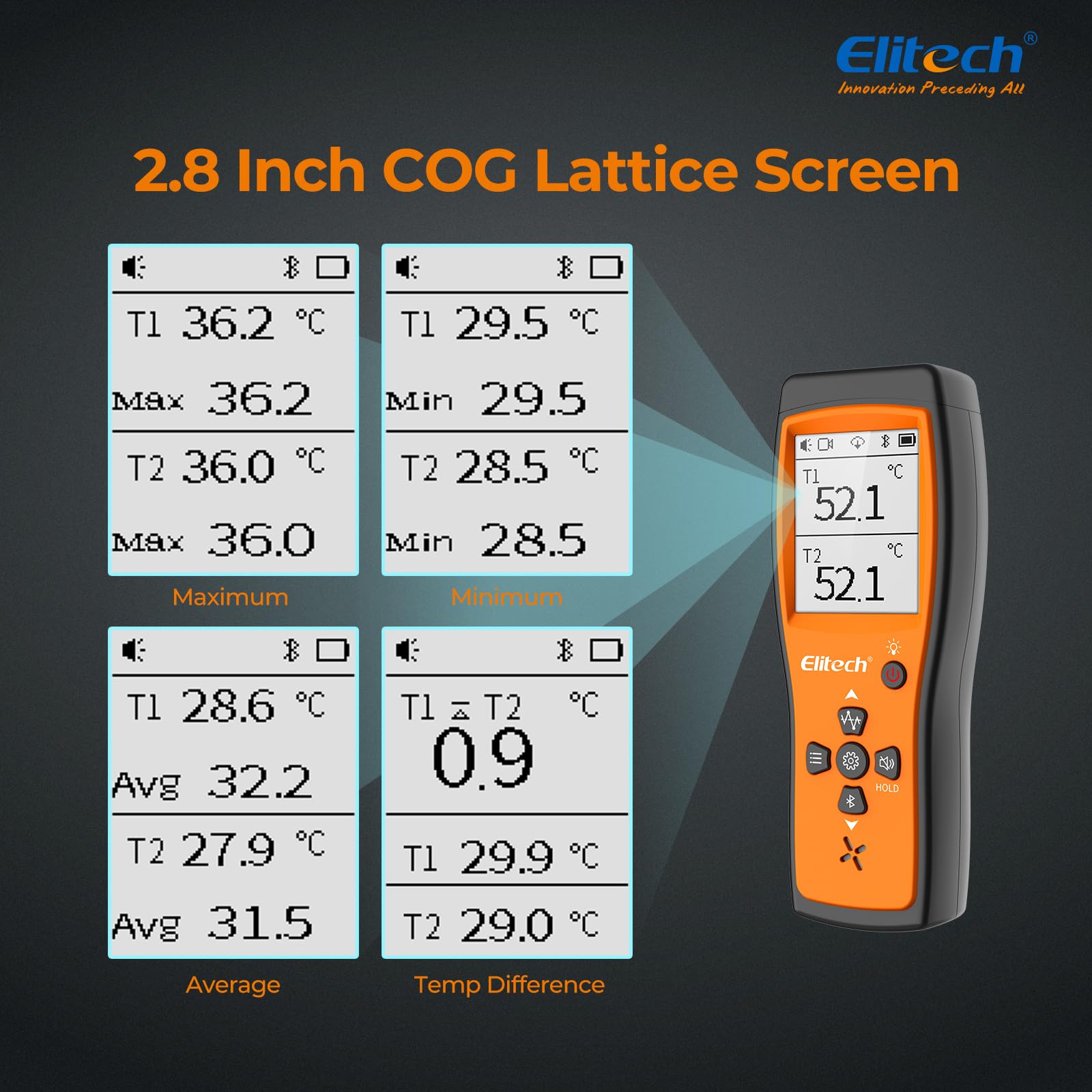 Elitech Thermocouple K-Typ Temperaturlogger Bluetooth Dual-Kanal - ±0,5°C Genauigkeit, APP-Echtzeitalarm, 5000 Punkte Speicher für Kühlkette & Labor