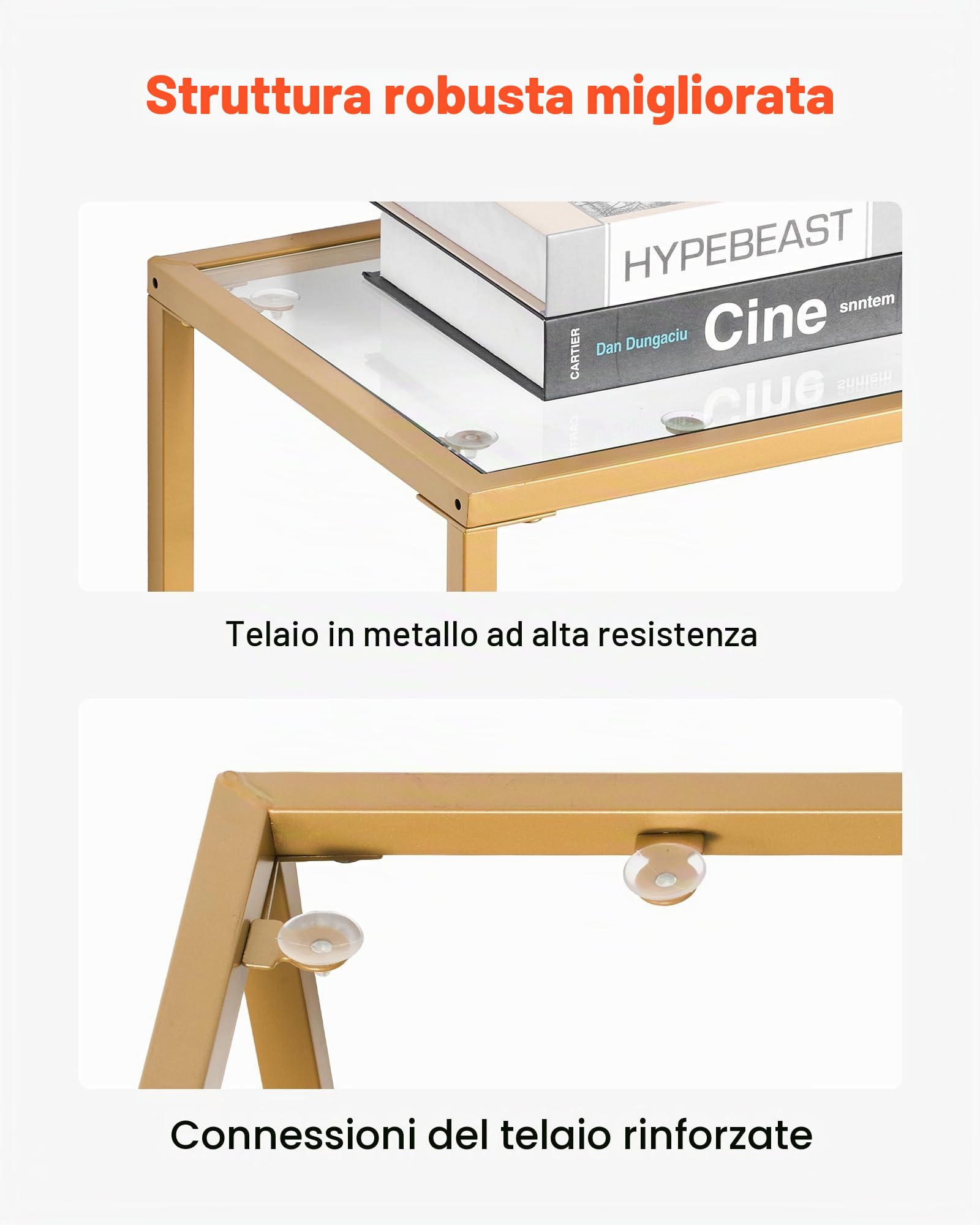VEVOR Tavolo Consolle in Vetro a 3 Livelli 100 x 30 x 72,9 cm Moderno Tavolino Rettangolare con Piano in Vetro Temperato e Gambe in Ferro, Dispositivo Antiribaltamento per Soggiorno, Ingresso, Dorato