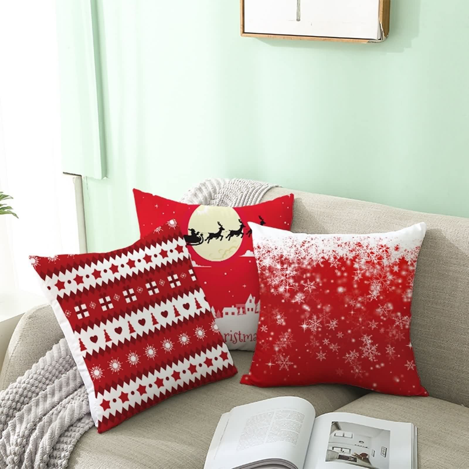 AmDxD 4 poszewki na poduszkę 50 x 50 cm, nadruk Merry Christmas dekoracyjne poszewki na poduszki z poliestru, kwadratowe poszewki na poduszkę, do samochodu, salonu, sypialni, biura, ciemnoszara – zestaw 9