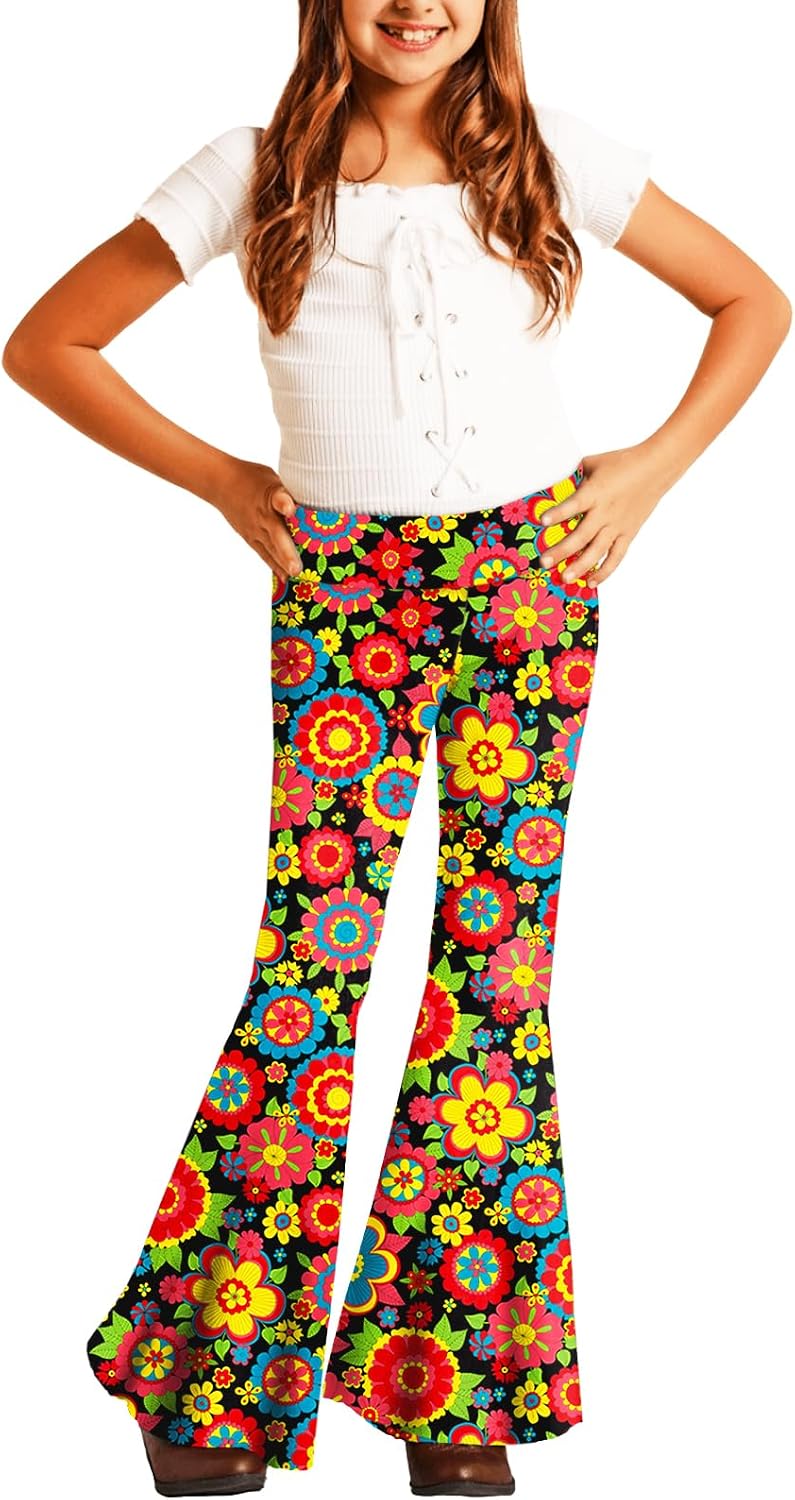 Deerose Girls Bell Bottom 4 of July American Flag Hippie Pants High Waist Flare Pants 5-14 Year