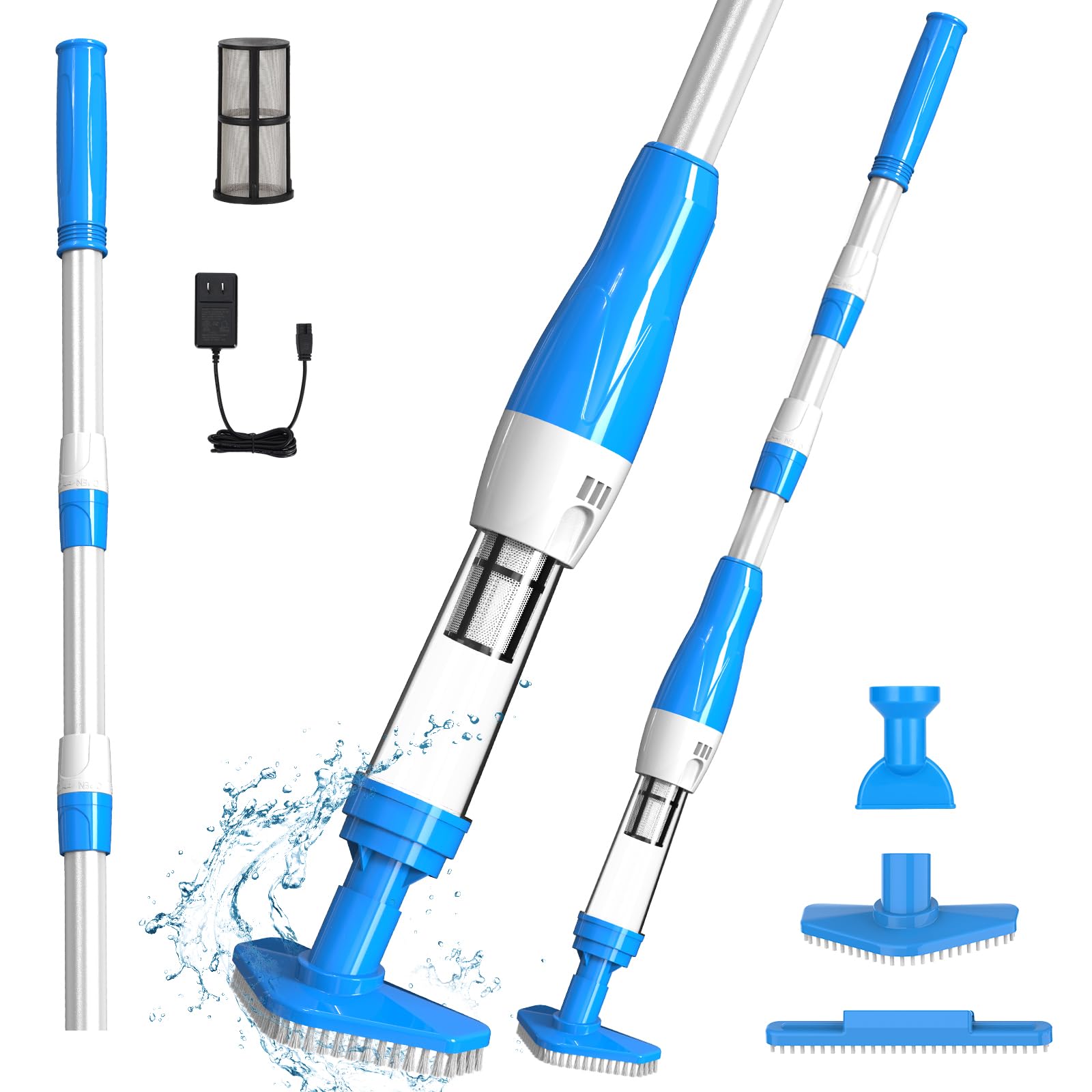 3 en 1 Limpiafondos de Piscina Electrico, Aspirador de Piscina Manual, Inalámbrico con Batería Recargable para Spas, Piscinas Pequeñas - Tiempo de Ejecución 90 Minutos, Azul