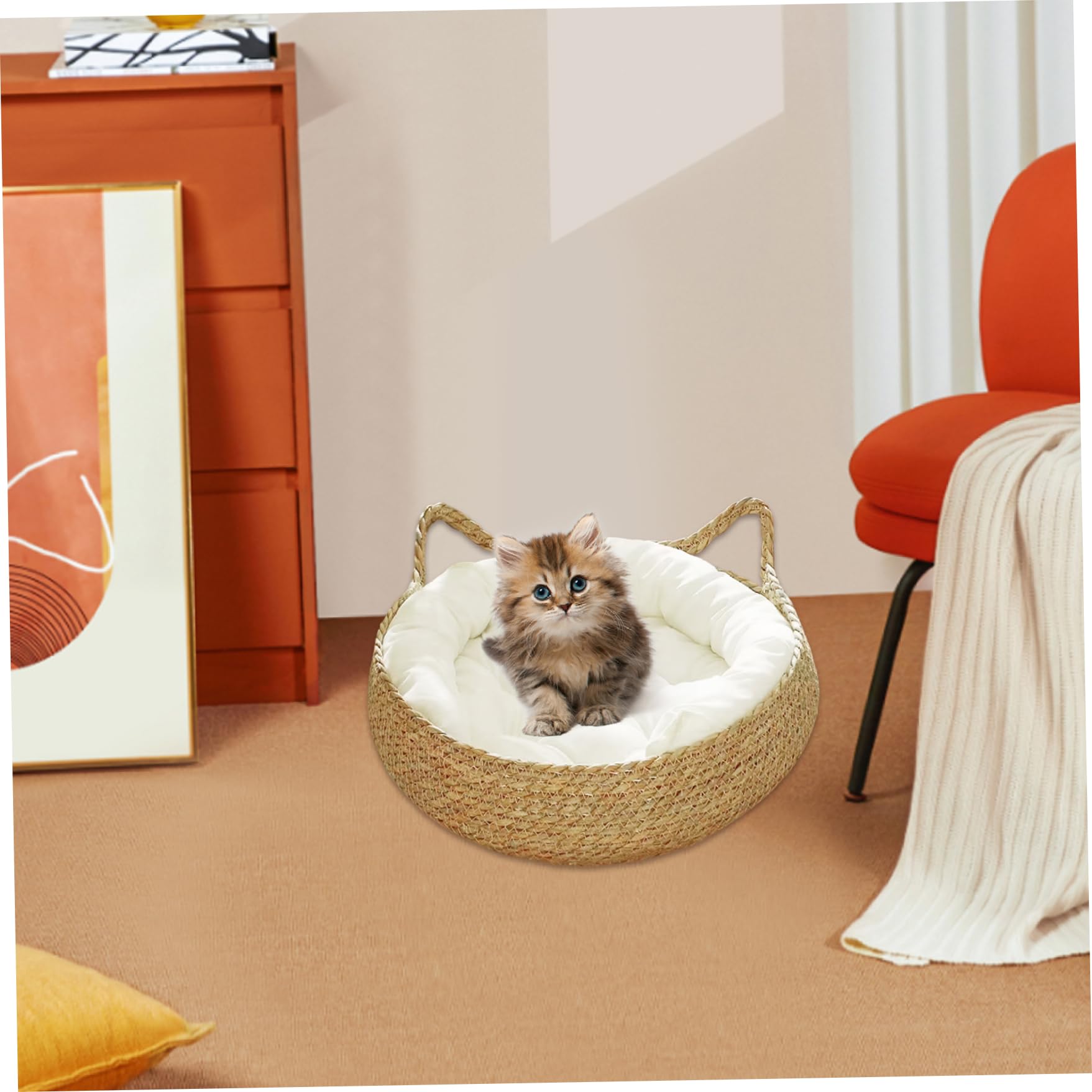 Panier rond en osier, 38,1 cm, en paille tissée avec coussin doux, forme d'oreille de chat pour chats de petite et moyenne taille