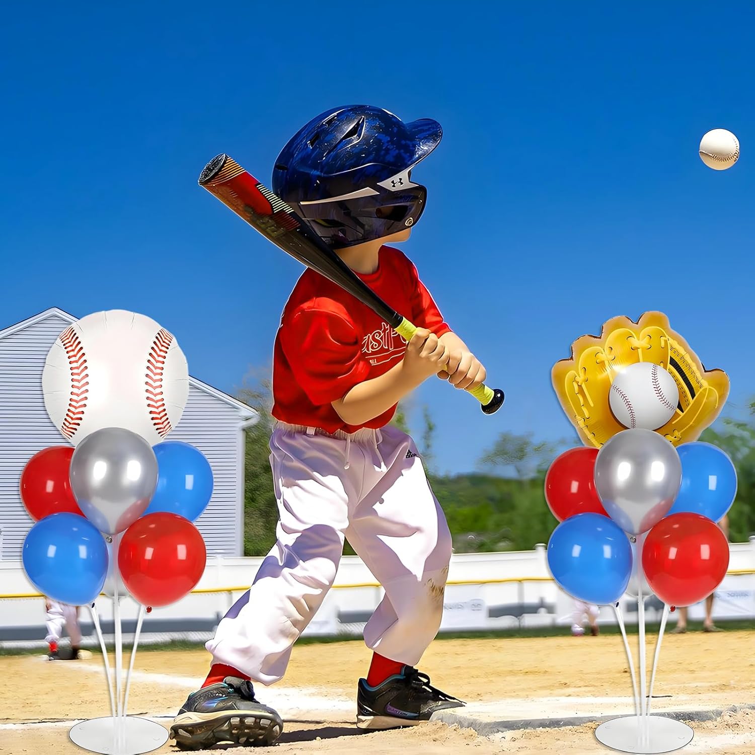 4 Sets Baseball Party Balloons Stand Kit, Baseball Party Balloon Centerpiece for Tables with 4pcs Baseball Foil Balloons, 30pcs Red Blue White Balloon for Game Sports Birthday Baby Shower
