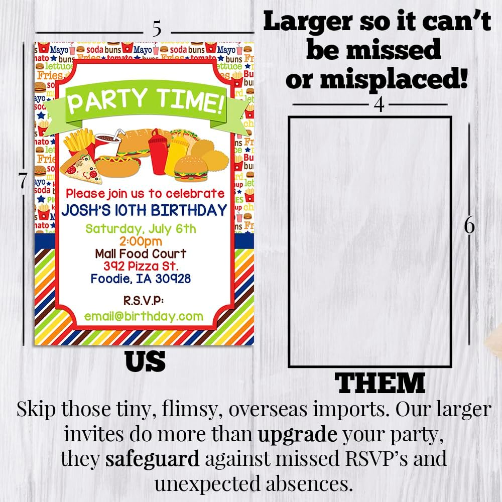 Custom Birthday Invitations Junk Food Birthday Invites 20 5x7 Custom Big Back Party Invitation Cards With Envelopes - Unique Party Invites