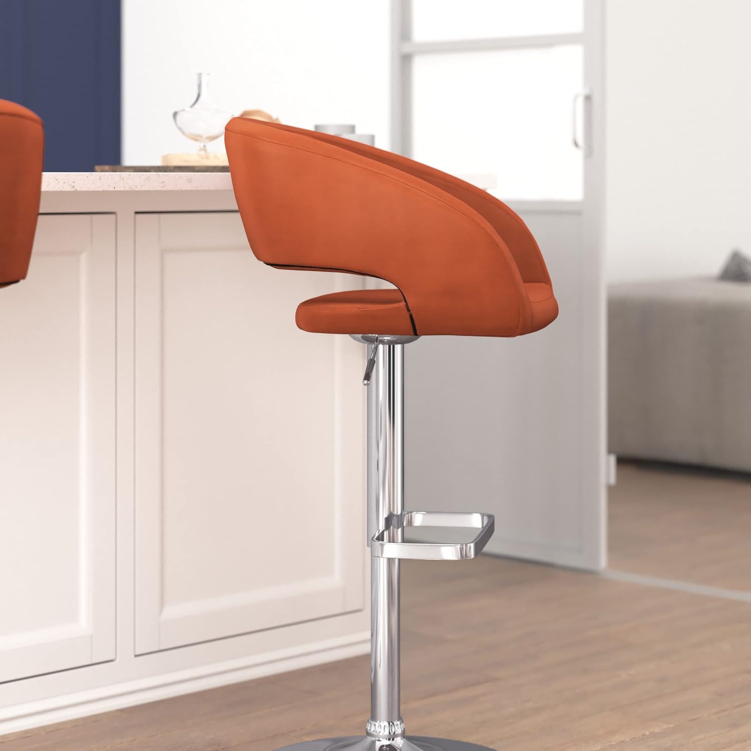 EMMA + OLIVER Shae Adjustable Height Barstool - Cognac Vinyl Upholstery - Rounded Cutout Mid-Back - Foam Padding - Swivel Seat - Chrome Pedestal Base