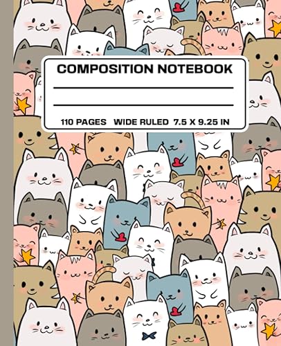 Composition Notebook Wide Ruled Cute Composition Notebook for Kids, Teens & Students Kawaii Cats 110 pages (7.5 x 9.25) School Supplies