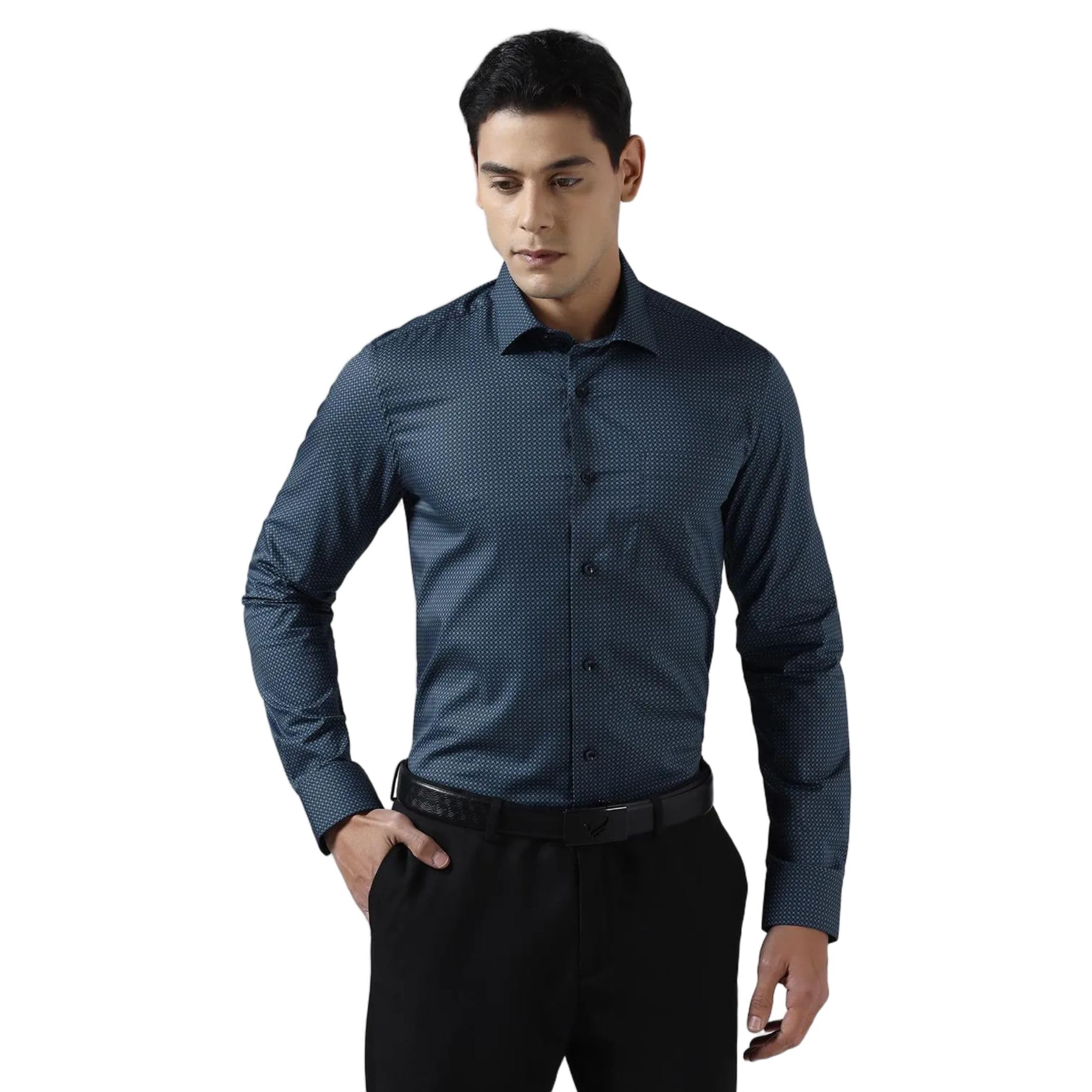 Men's White Geometric Slim Fit Formal Shirt-image-3