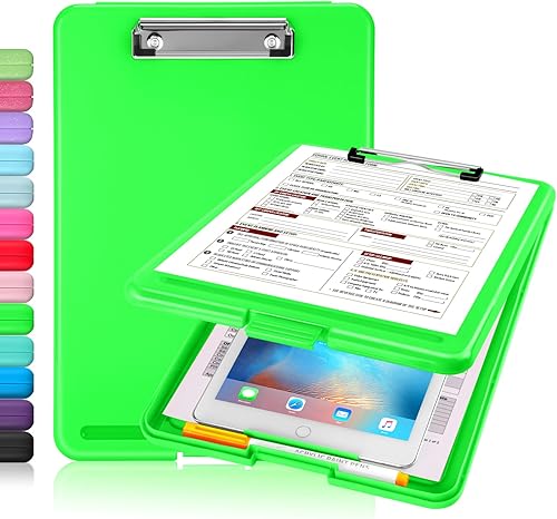 Vista 53 de Sooez - Portapapeles con almacenamiento, de plástico con clip de perfil bajo, resistente, plegable, cubierta impermeable para portapapeles