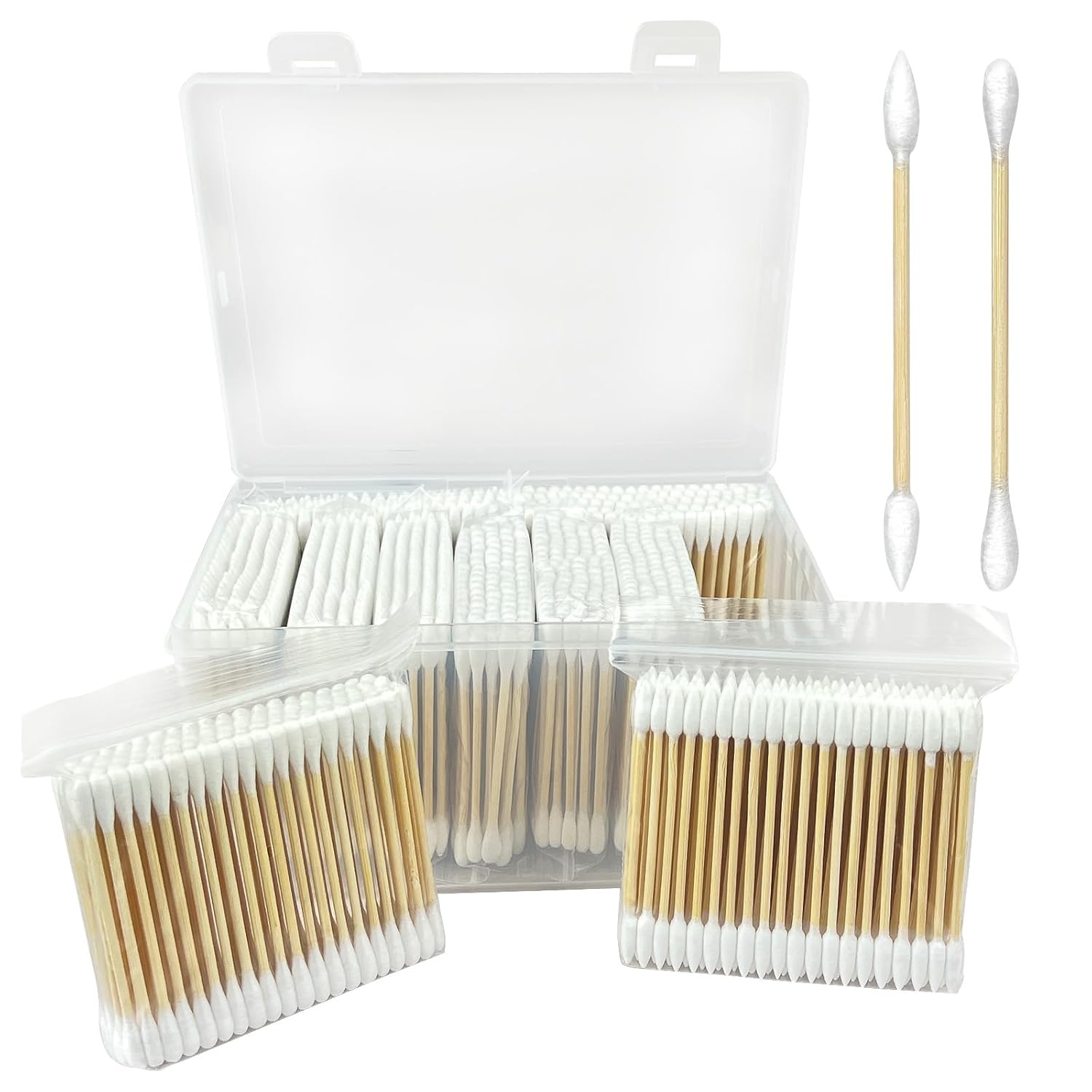 1000-Pack Bamboo Cotton Swabs Bulk 5x100 Round 5x100 Pointed Tips - Biodegradable Double Ended Swabs for Gun Cleaning