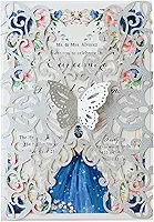 20 peças 13 x 18,5 cm prata corte a laser renda flora cartões de convite de casamento com borboleta e envelopes para chá de panela de quinze anos de quinze anos (glitter prateado)