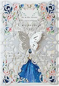 20 peças 13 x 18,5 cm prata corte a laser renda flora cartões de convite de casamento com borboleta e envelopes para chá de panela de quinze anos de quinze anos (glitter prateado)