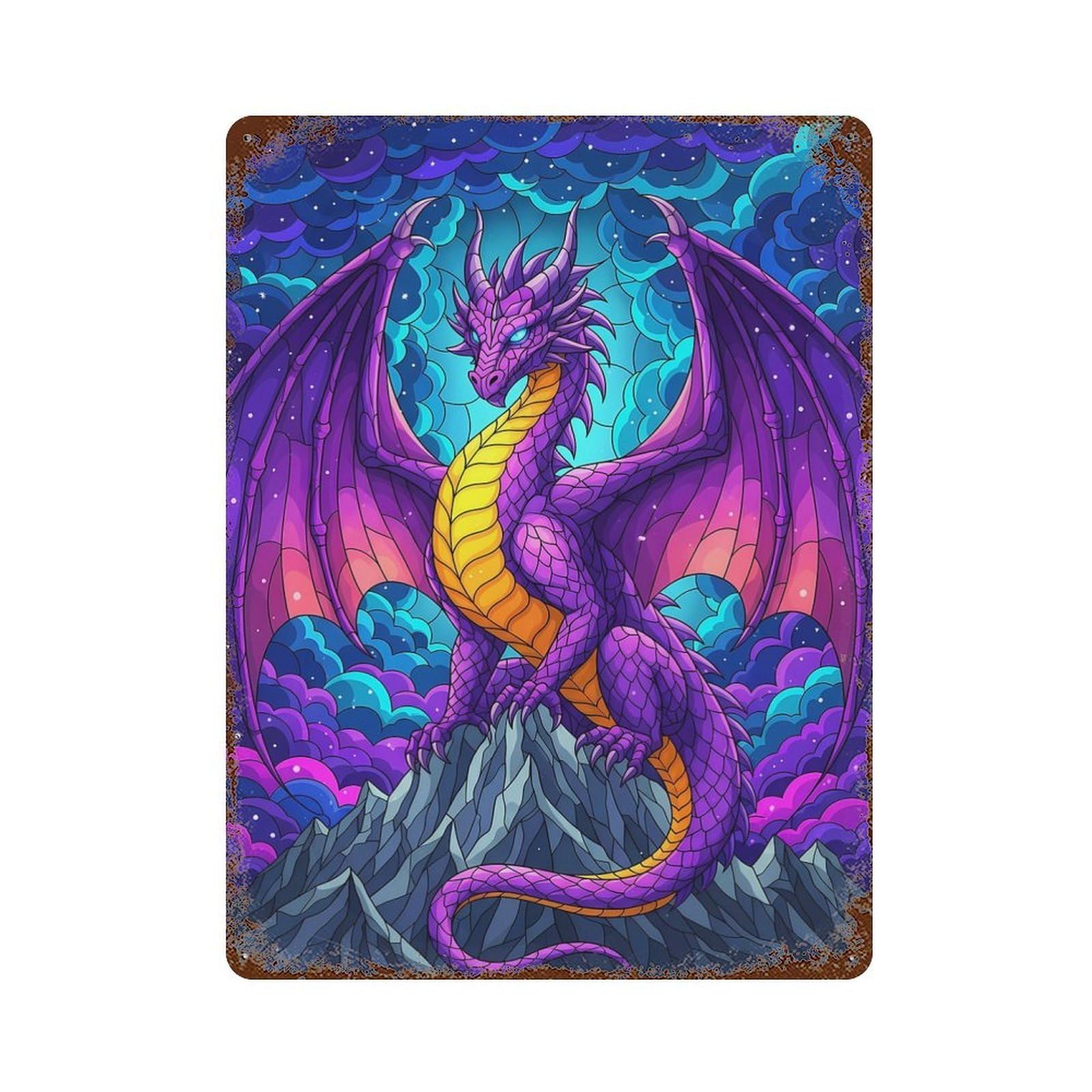 Rustic Tin Plaque Purple Dragon on Mountain Peak 15.7"x11.8", Retro Wall Decor for Shed, Workshop And Garage Wall Decor