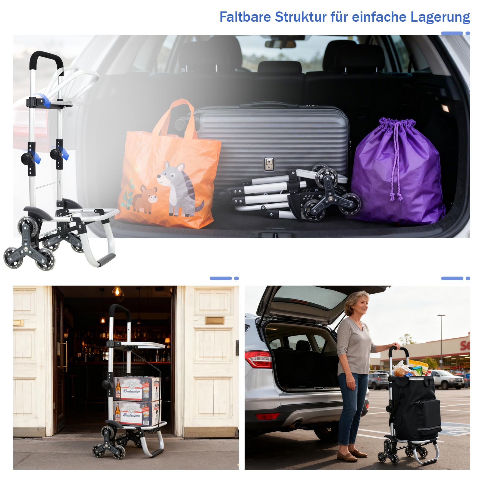 Sekey XXL Einkaufstrolley Treppensteiger mit 3 Rädern, Einkaufswagen für Camping und Einkäufe mit Höhenverstellbarem Griff, Aluminium 3-in-1 Trolley, Inklusive Kühlfach und Getränkefach, Schwarz