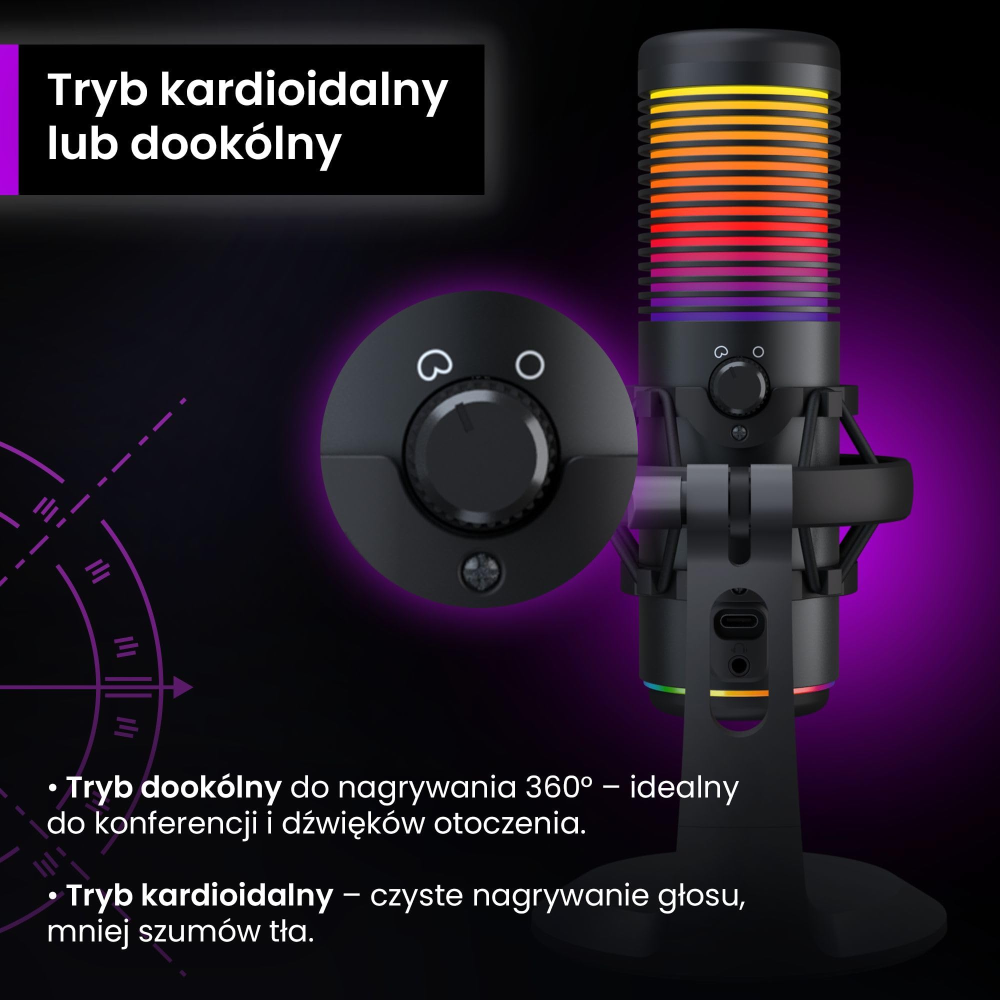 PREYON Mikrofon Gamingowy do PC z Ramieniem USB Pojemnościowy - Podcastów Streamingu Laptopa i Studia Podświetlenie RGB z Wyciszeniem Kardioidalny Omnidirekcjonalny Pokrętła Regulacji – Czarny