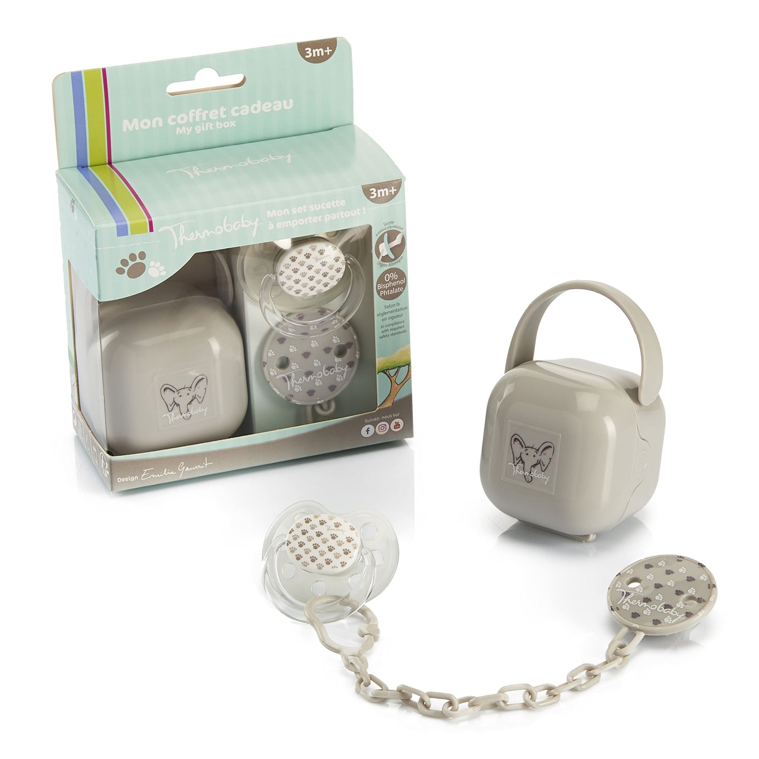 THERMOBABY Lunchpaket für 1. Alter – Flaschenwärmer – Fläschchen – Milchtransportbox – Flaschenbürste – Lätzchen mit Schnullerkette – Geschenkbox