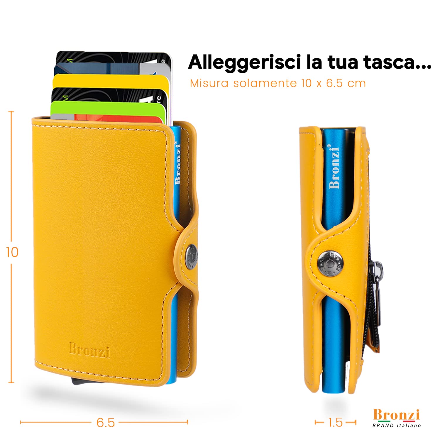 Bronzi Nuovo Portafoglio Porta Carte Credito - Portafoglio Uomo Slim Portacarte uomo - Mini Porta Tessere - Protezione RFID Portatessere Pelle - Design Smart Italiano (Giallo)