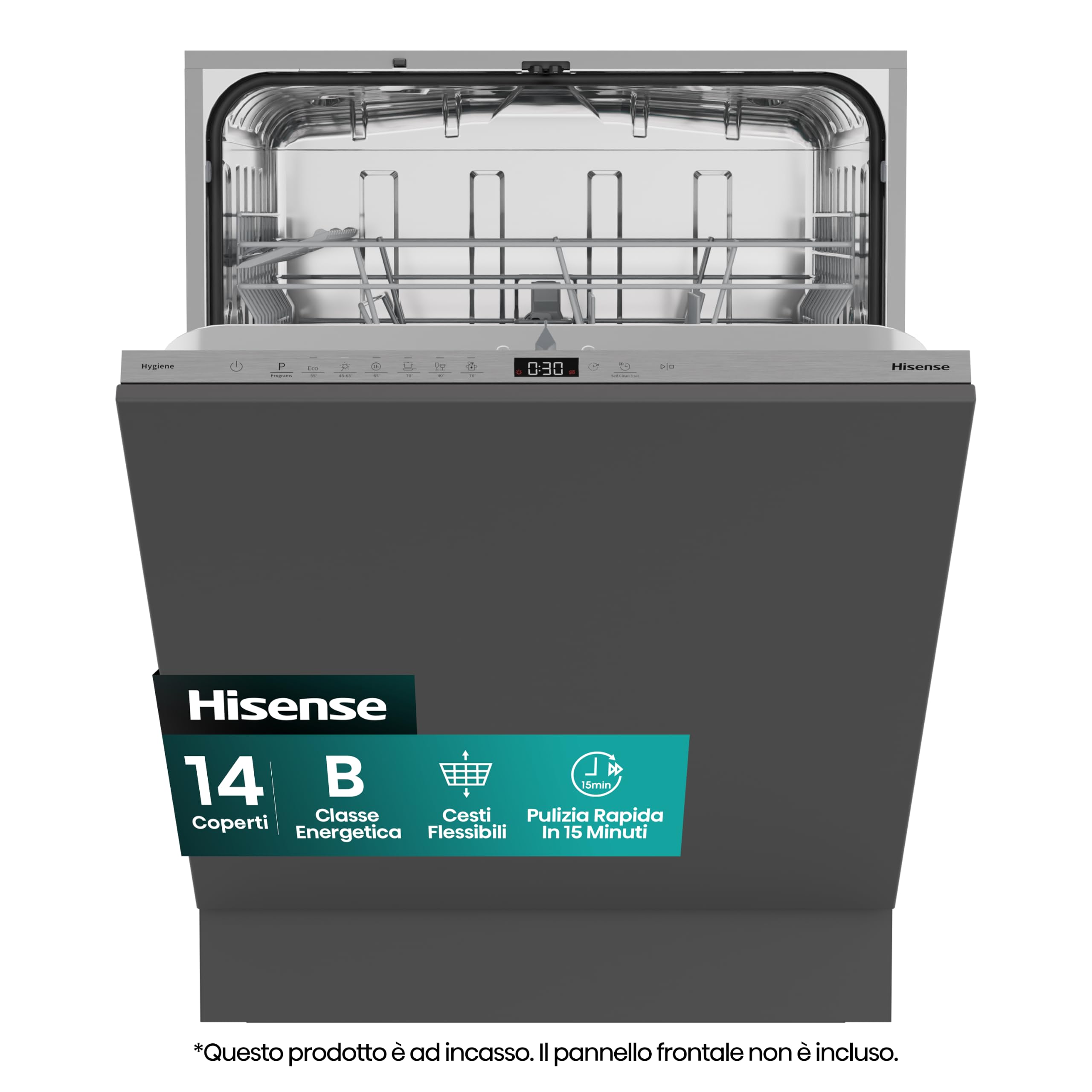 Hisense HV642B65 NUOVA Lavastoviglie da Incasso, 16 Coperti, 6 Programmi, Terzo Cesto, Total Dry, Motore Asincrono, Partenza Ritardata, 43 dB, Classe B