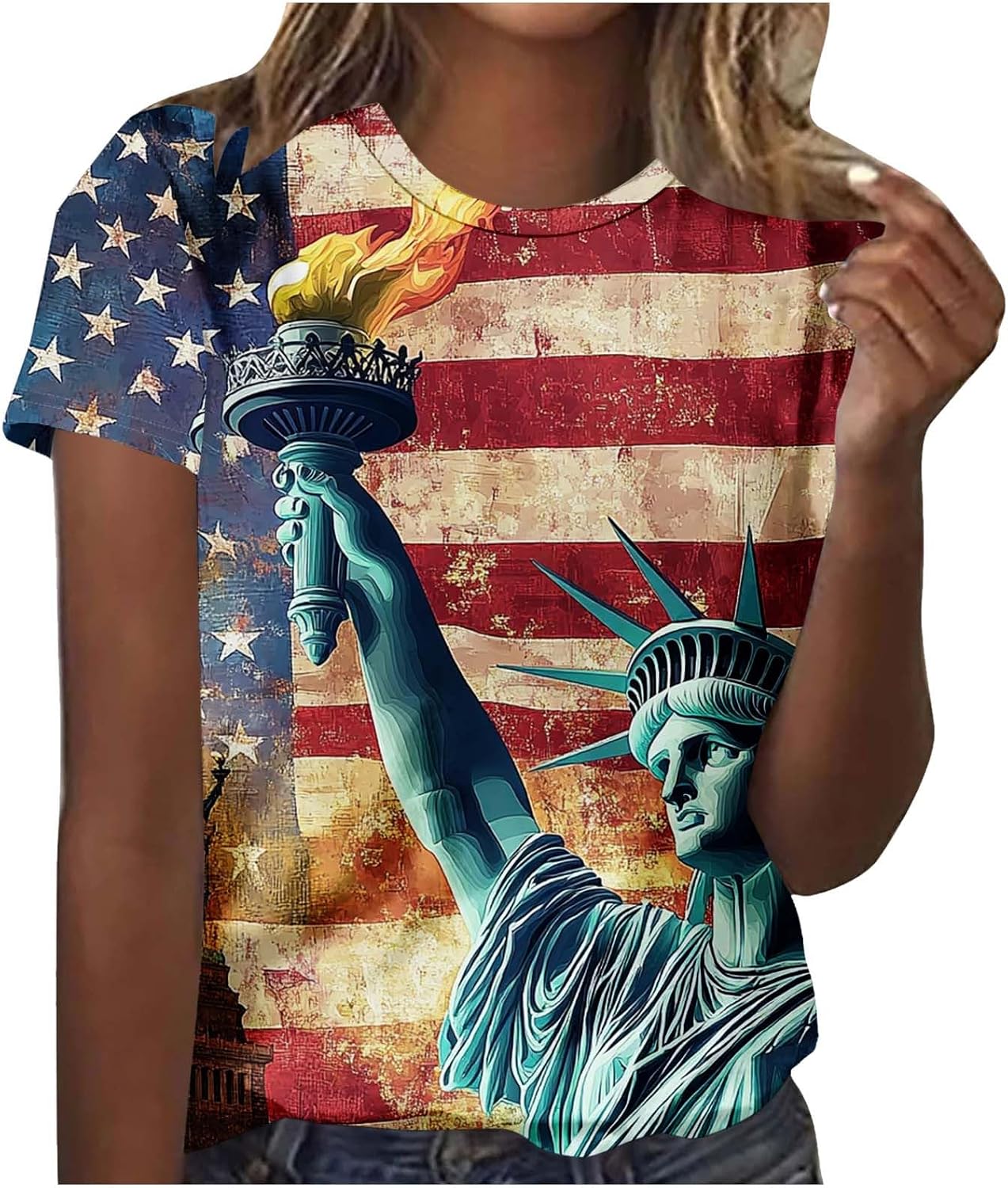 Women's 4th of July Shirt Star Print Short Sleeve Blouses Classic Cozy Tops Crew Neck T Shirts 2026 Holiday