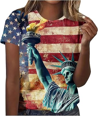 Funny 4th of July Shirts for Women Short Sleeve Summer Causal Tops Fashion Star Stripes American Flag Print Blouses
