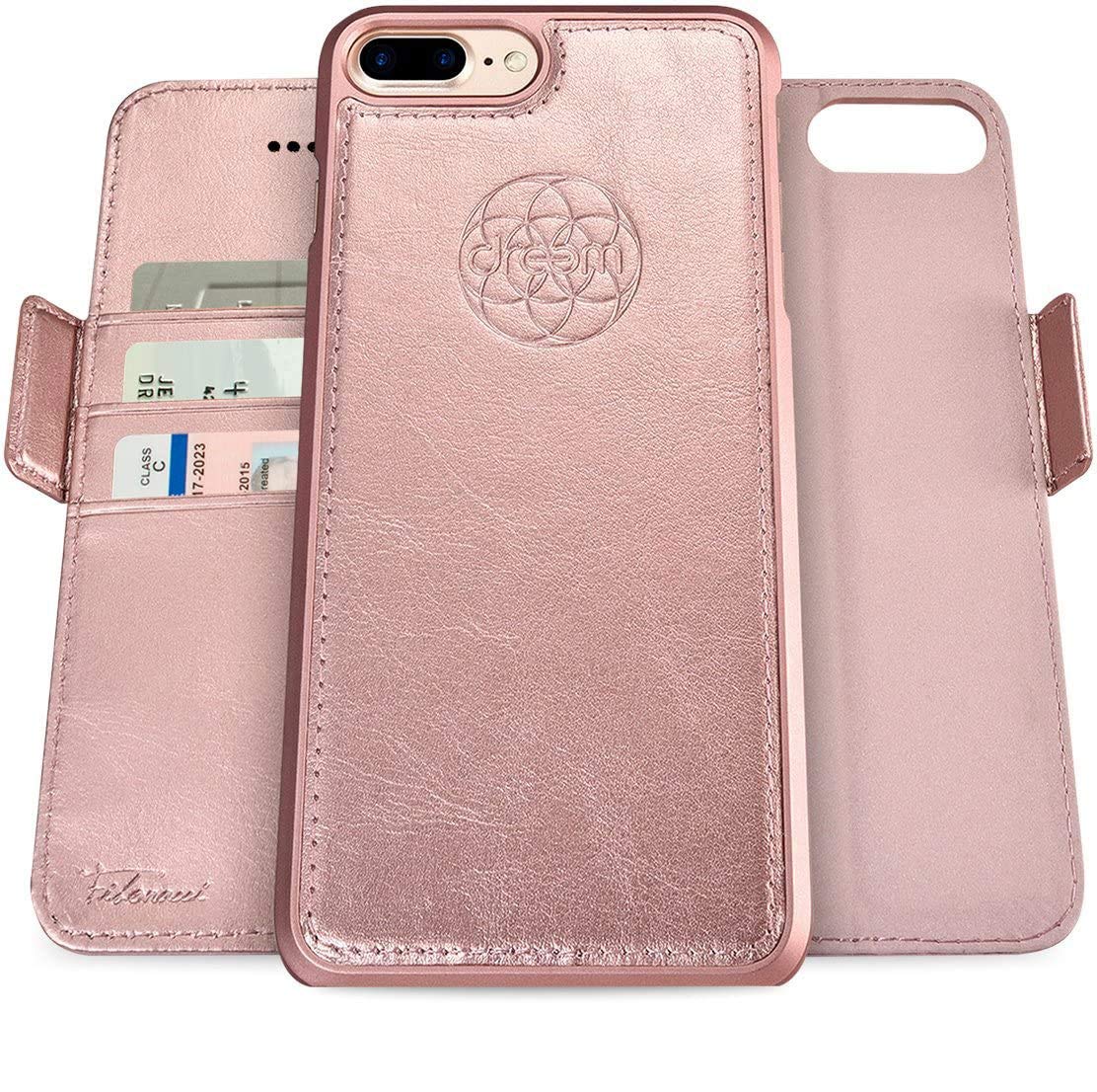 Fibonacci 2-in-1 Wallet Case for Apple iPhone 8 Plus & 7 Plus - Luxury Vegan Leather, Magnetic Detachable Shockproof Phone Case, RFID Card Protection, 2-Way Flip Stand - Rose