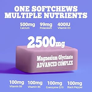 Magnesium Glycinate Soft Chews, Blueberry Flavor.Chewable Sugar Free Potassium Magnesium Chews with Magnesium Glycinate, Vitamin D, B6, and CoQ10 for Calm Support & Sleep for Adults, 60 Days Supply