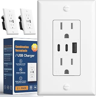 Amico 6.0A USB Outlet 2 Pack, 3-Port 30W Wall Outlets with 2 Type C & 1 Type A, 15 Amp Receptacle Plug, Tamper Resistant Receptacle, Wall Plate Included, ETL Listed, White