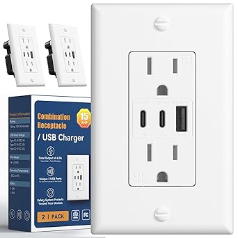 Amico 6.0A USB Outlet 2 Pack, 3-Port 30W Wall Outlets with 2 Type C & 1 Type A, 15 Amp Receptacle Plug, Tamper Resistant Receptacle, Wall Plate Included, ETL Listed, White