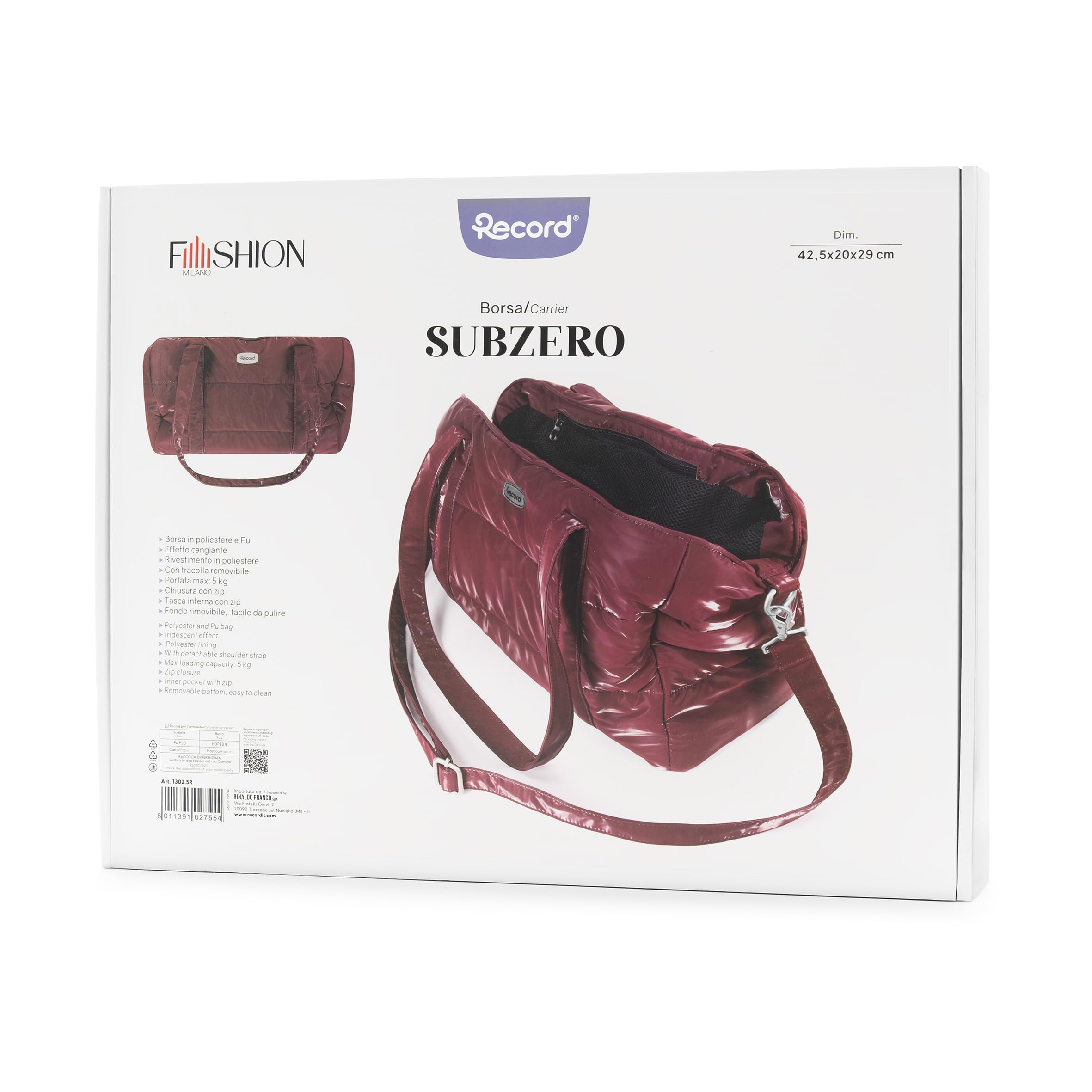 Record - Borsa trasportino Subzero per cani e gatti. Traportino per Cani in poliestere resistente con effetto cangiante. Tracolla removibile, fondo e tasca interna con zip | Rosso, 42,5 x 20 x 29 cm