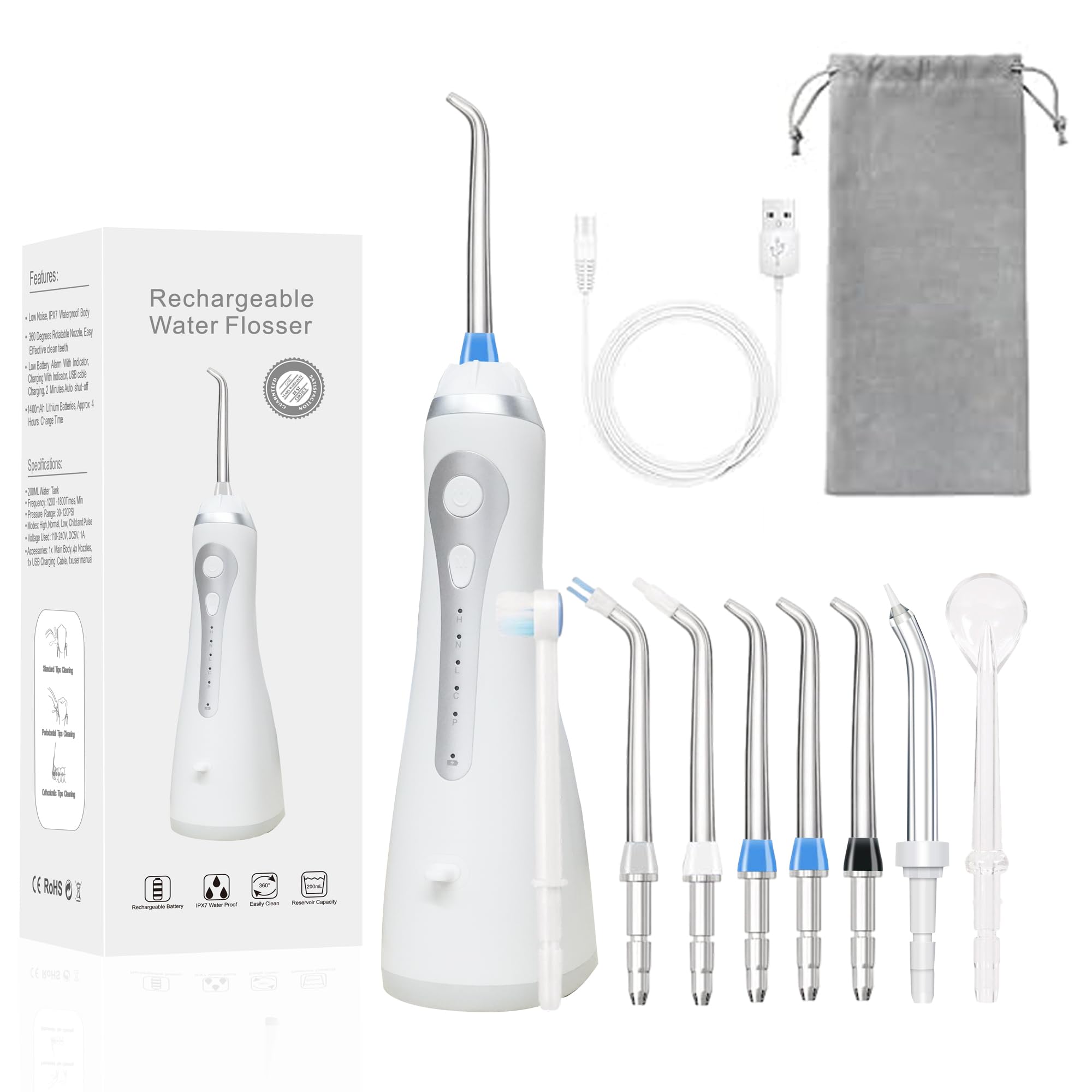 Waterproof Electric Waterflosser Flossing Water Dental Flosser Teeth Pick Portable Cordless Oral Irrigator 300ML Rechargeable Travel Irrigation Cleaner IPX7 8 Tips 5Modes Machine for Teeth Cleaning