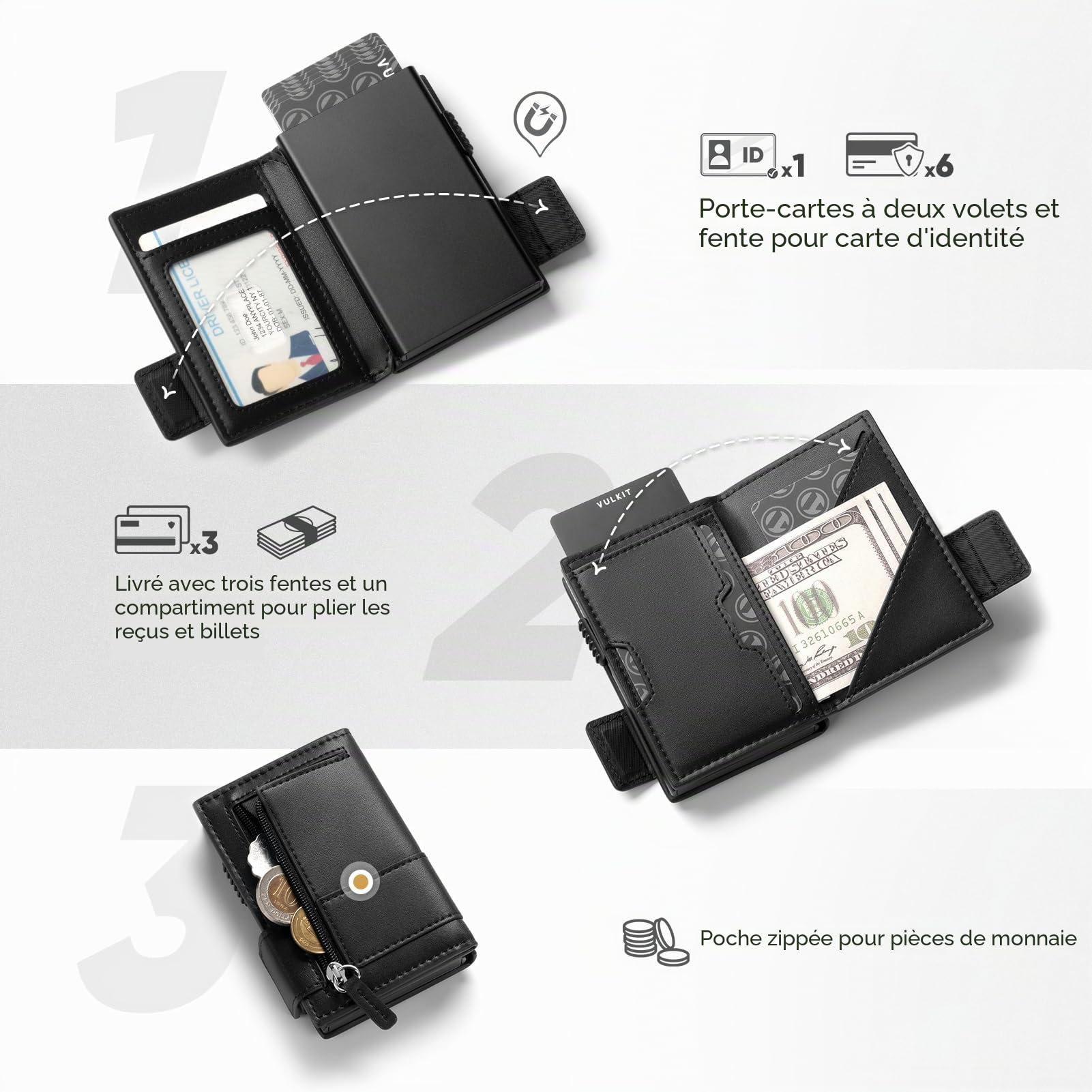 VULKIT Porte-Cartes Portefeuille en Cuir à Deux Volets pour Homme avec Blocage RFID, étui en métal pour Cartes, Peut Contenir 9 Cartes et Billets, Poche zippée pour Pièces de Monnaie (Noir)