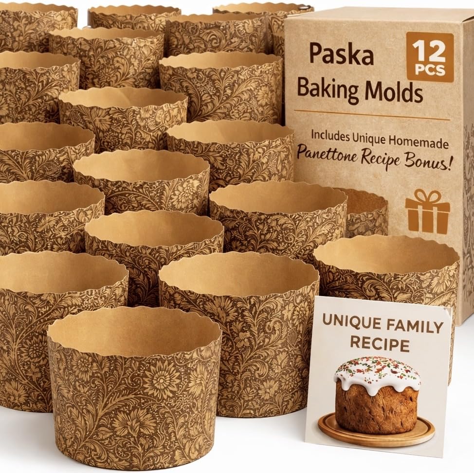 Image of 12 oz Kulich & Panettone Baking Molds - 12 Pack | Non-Stick Easter Bread Paper Forms | W 4.3 inch x H 3.4 inch | Oven & Microwave Safe | Brown Elegant Design + Bonus Family Recipe