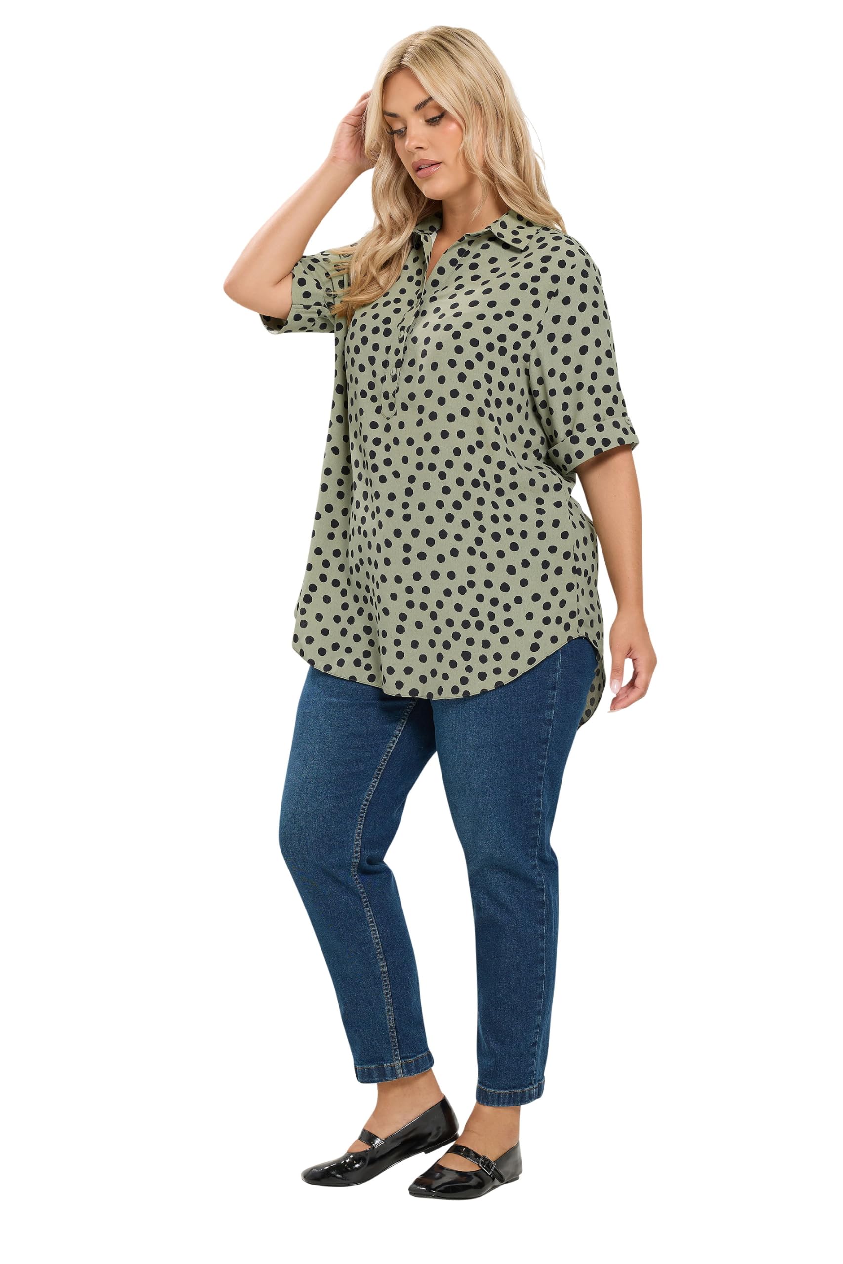 Yours Women's Dark Olive Polka Dot Half Placket Shirt In | Size: 14
