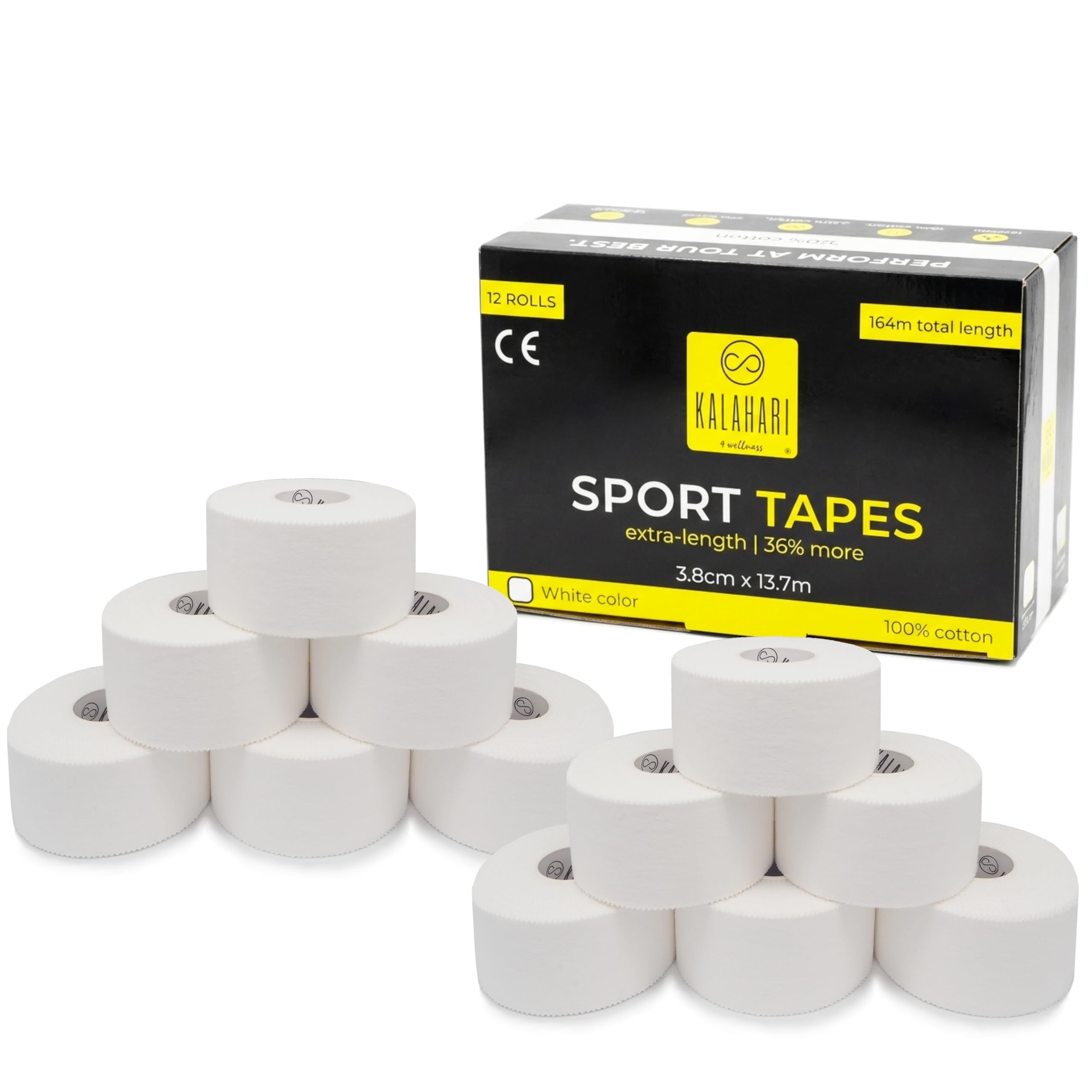 KALAHARI Sporttape extra Lang (Gesamt 184 m), Tapeverband starke Haftung für Finger Volleyball, Klettern, Fußball, Boxen, Taping Sport unelastisch, 100% Baumwolle, 12 Rollen Weiß - 3,8 cm x 13,7 m